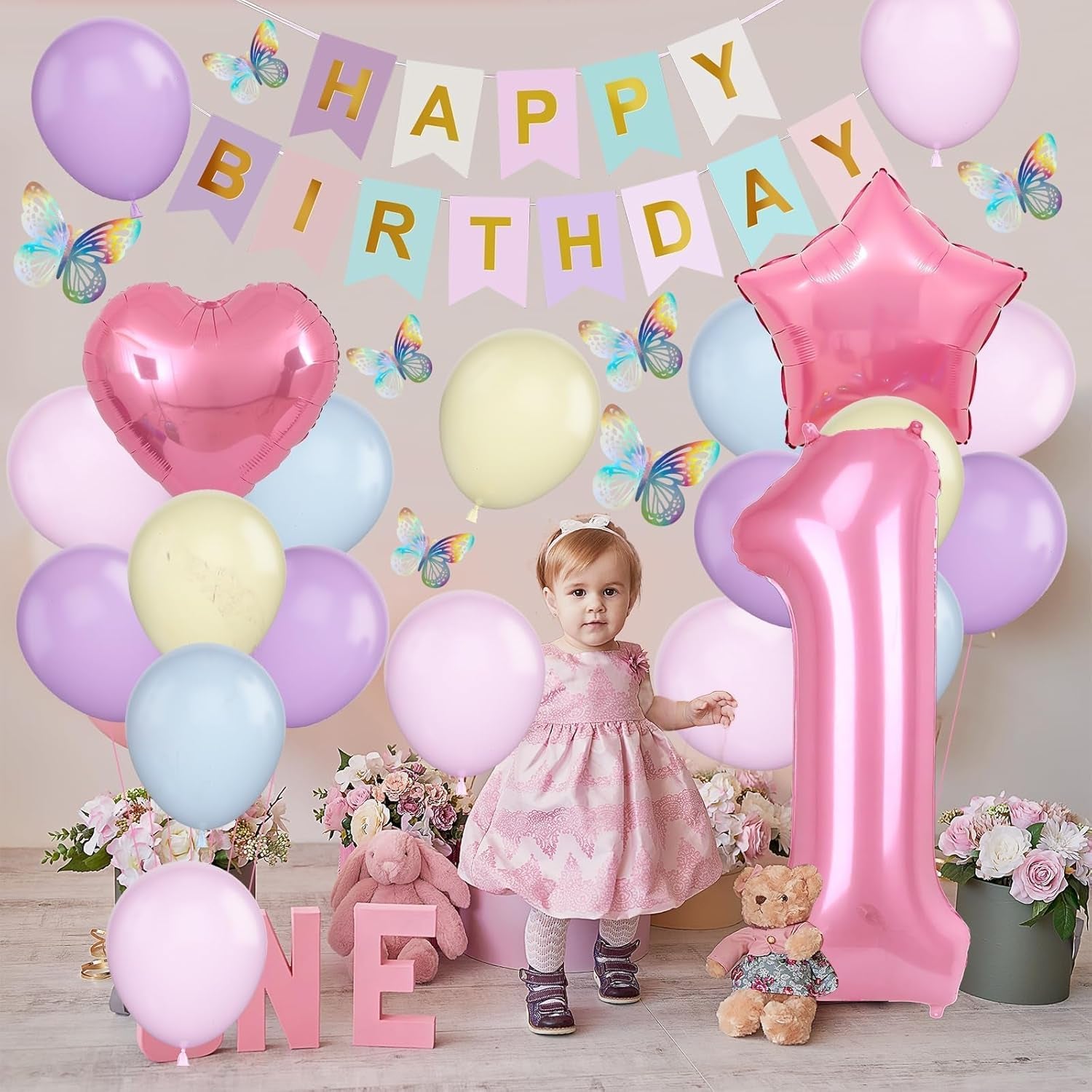 St Birthday Decoration for Girls, Pastel Macaron St Birthday Balloon, Pink Number  Balloon with Butterfly Stickers, Star Heart Foil Balloons Banner Set for Baby  Year Old Party Decor
