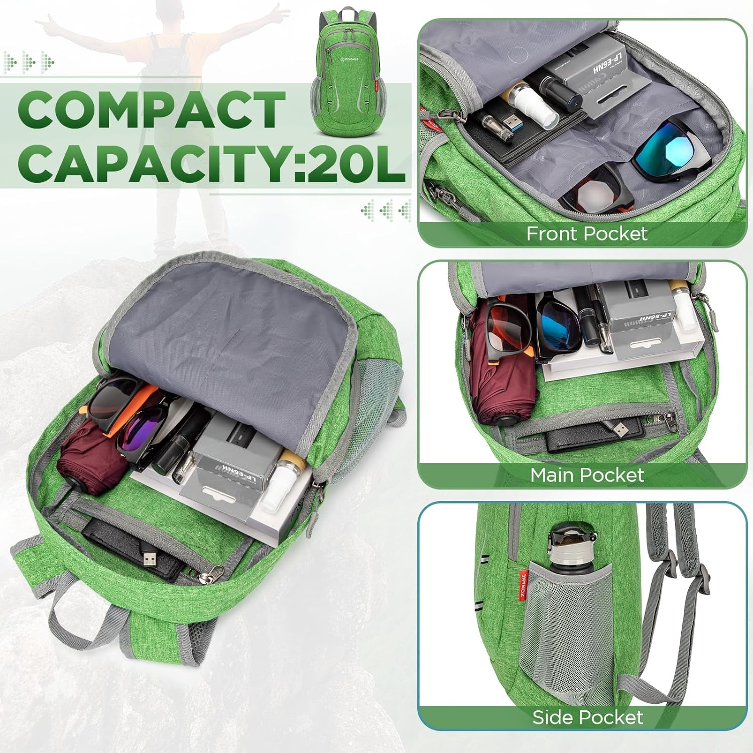 Lightweight Packable Backpack 20L, Foldable Backpacks Small Daypack Hiking Daypacks Water Resistant Day Bag for Travel(Dark Green)