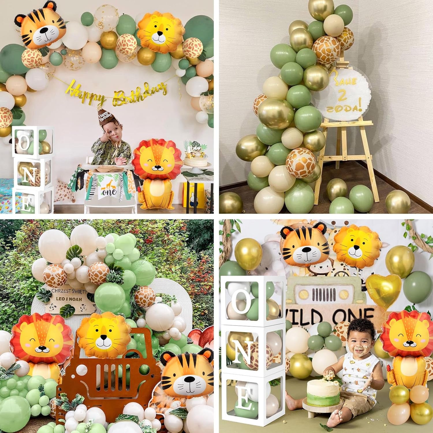 Safari 1St Birthday Decorations for Boys Girls, Wild One Birthday Decorations with Sage Green Balloon Arch Kit Balloon Boxes, Animal Jungle Theme First for Kids (Green)