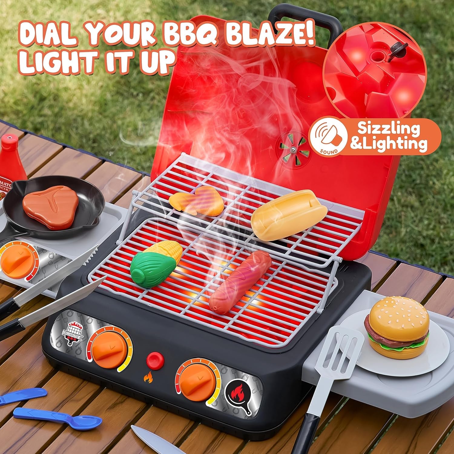 Kids BBQ Grill Playset, Kitchen Toy Set with Pretend Smoke, Light, Sound & Color-Changing Food, Play Kitchen Accessories, Indoor Outdoor Cooking Toy for Boys Girls Kids
