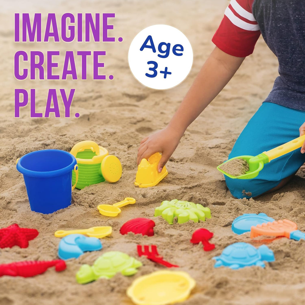 Beach Toys for Kids 3-10 - 18Pc Sand Toys Including Sand Buckets for Kids with Sifter, Watering Can, Rake, 4 Hand Tools, 10 Sand Molds & Mesh Beach Toy Bag - Sandbox Toys for Toddlers