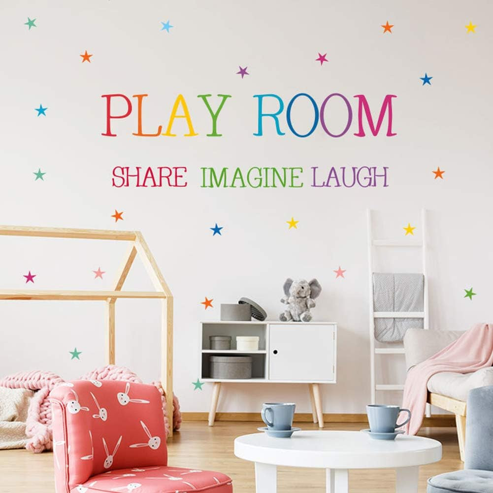 Playroom Share Imagine Laugh Wall Art - Colorful Inspirational Lettering Quote with Stars Wall Decal Sticker for Nursery Classroom Playroom Decoration (Play Room)