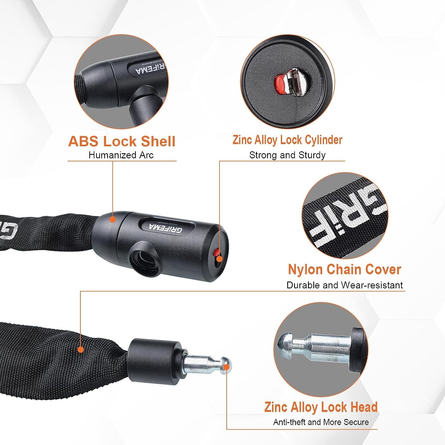 GA1201-12 Bike Locks High Security with 2 Keys, Bike Chain Lock Heavy Duty, 120Cm Bicycle/Cycling Locks for Bike Cycle, Moto, Door, Gate Fence, Black/White