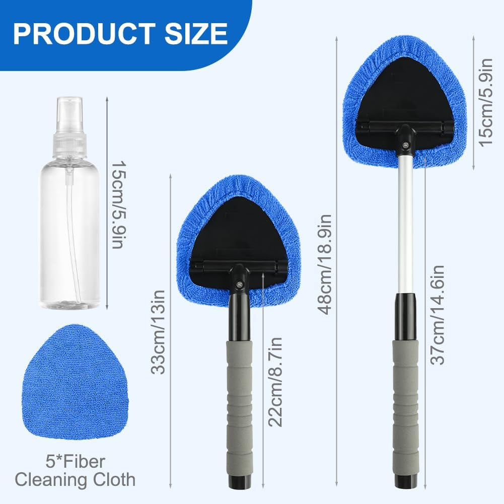 Car Window Cleaner Kit, Multifunctional Expandable Windscreen Cleaner, Car Windscreen Cleaner with 5 Reusable Microfiber Pads, 1 Spray Bottles,180° Swivel Head, Ideal for All Vehicles(Triangle)