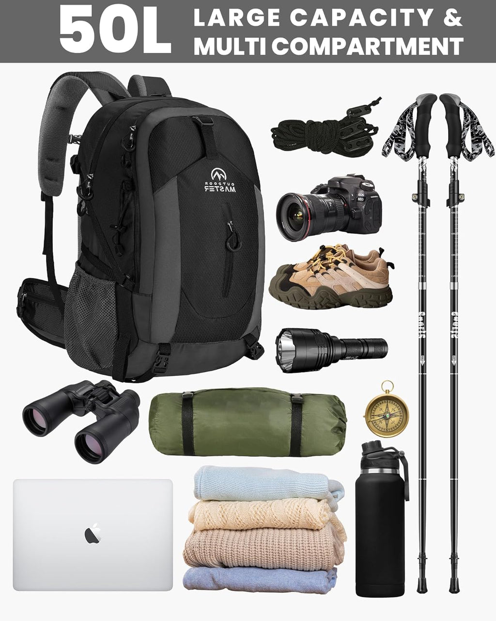 50L Hiking Backpack with High Strength Aluminum Support, Lightweight Travel Daypack with Rain Cover, Waterproof Camping Bag for Men Women -Black