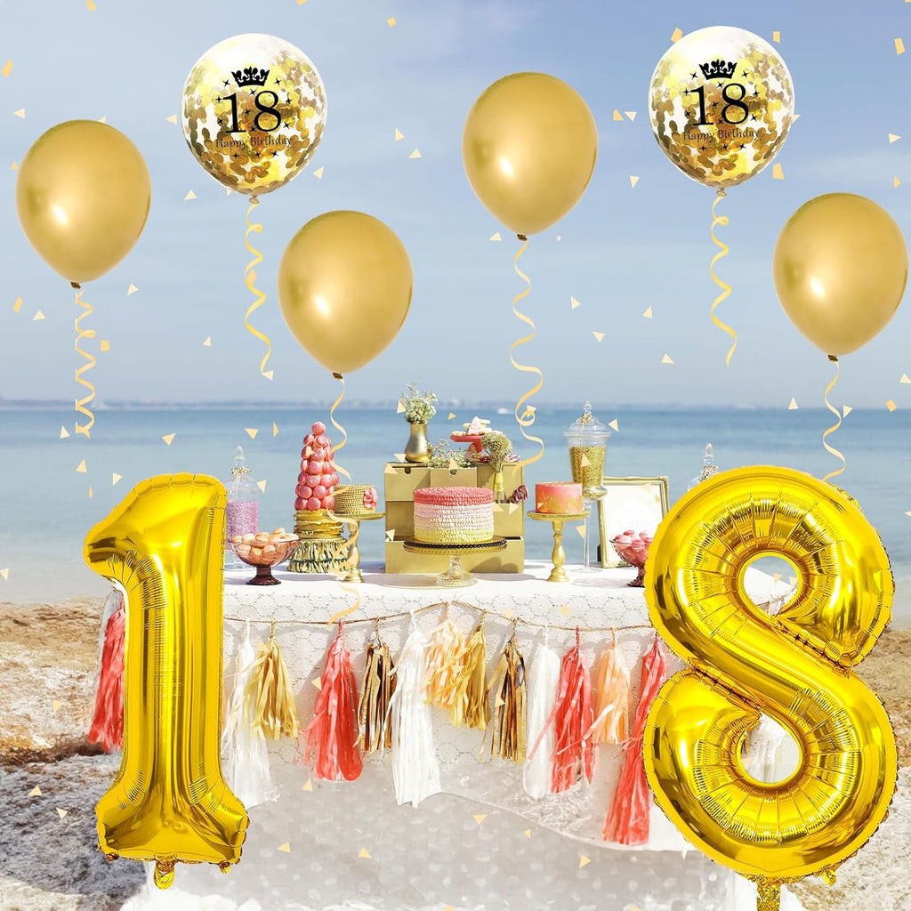 18Th Birthday Decorations for Girls, 18Th Birthday Balloons with 40 Inch Gold Foil Number 18 Balloon Gold Birthday Print Confetti Balloons Metallic Latex Balloons Set for Boys 18 Birthday Decorations