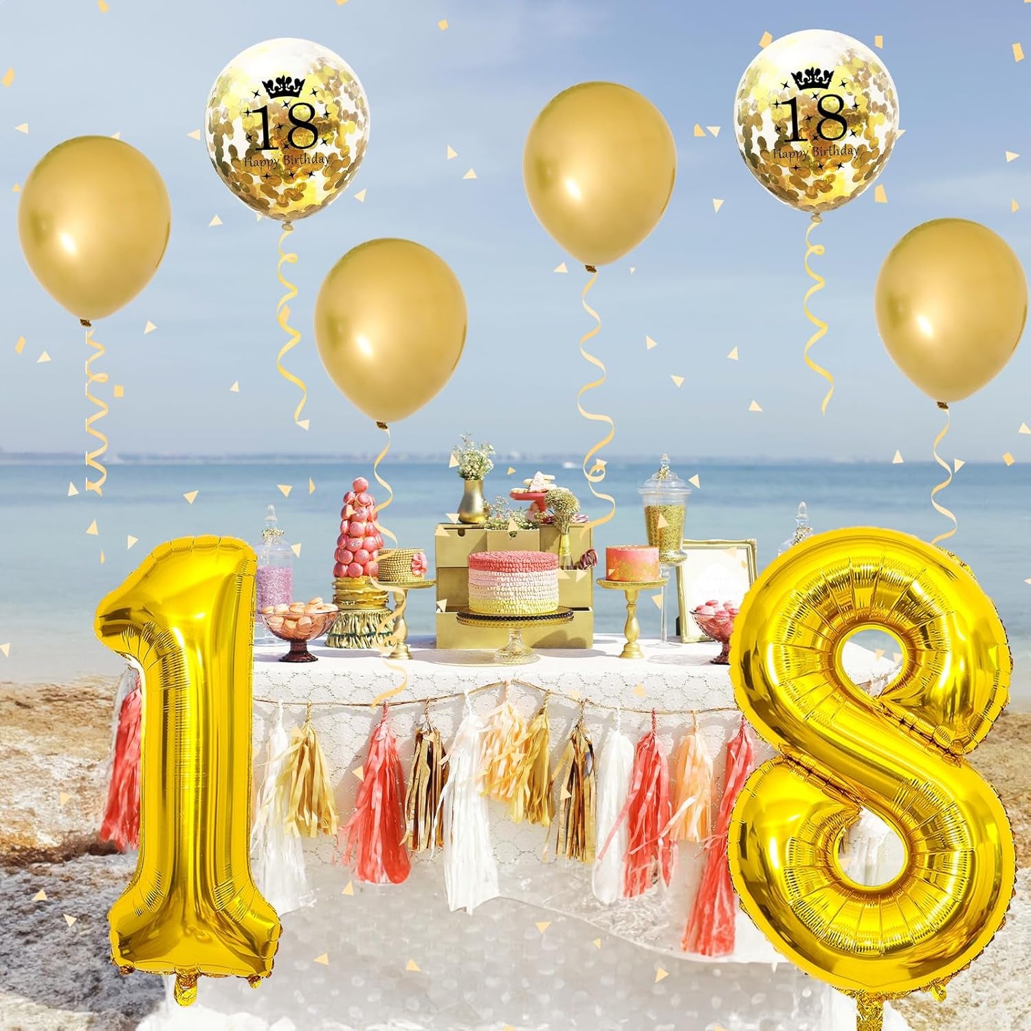18Th Birthday Decorations for Girls, 18Th Birthday Balloons with 40 Inch Gold Foil Number 18 Balloon Gold Birthday Print Confetti Balloons Metallic Latex Balloons Set for Boys 18 Birthday Decorations