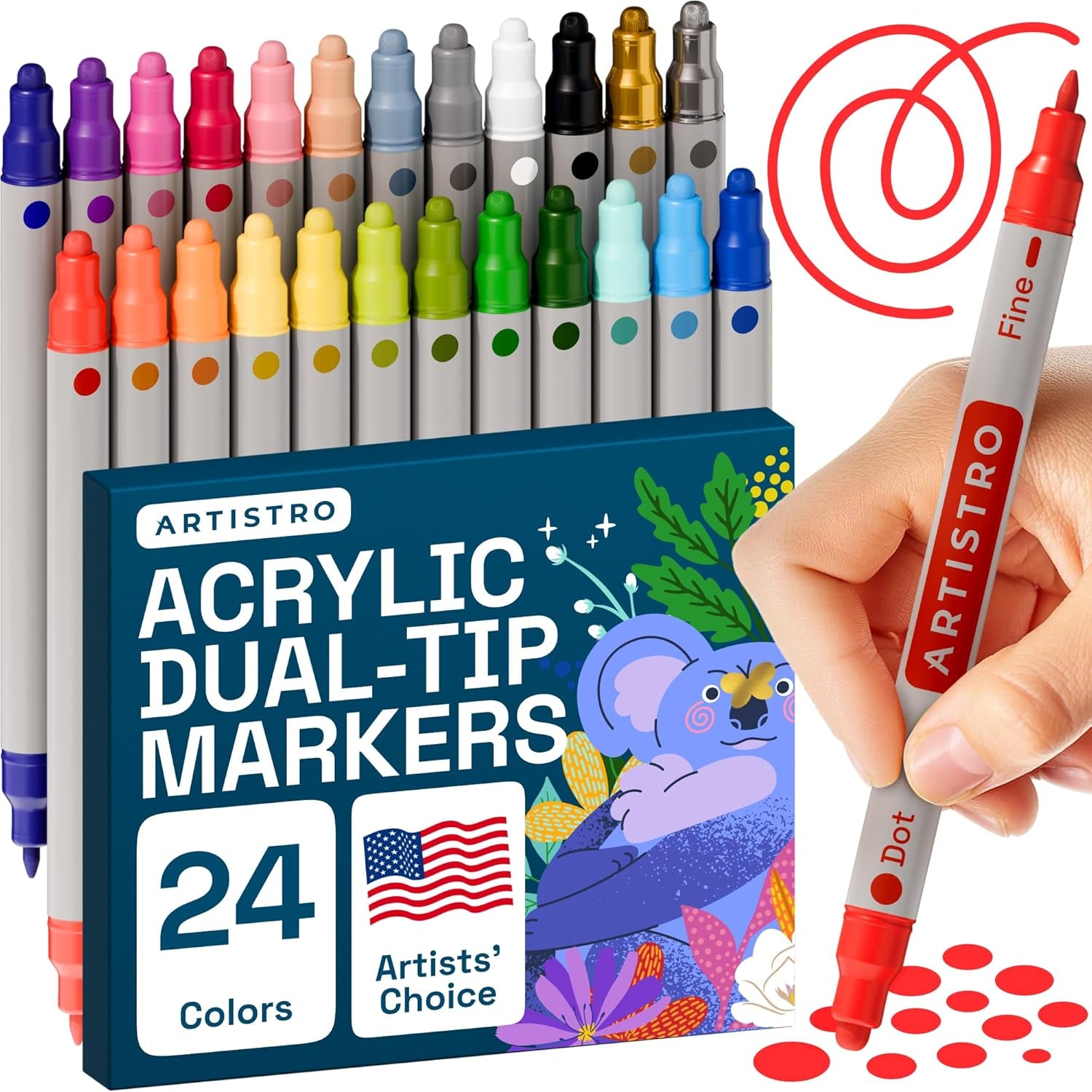 24 Colors Acrylic Paint Pens Art Set Dual Tip (Fine 1Mm + Dot 5Mm), Acrylic Markers for Fabric, Canvas, Rock, Glass, Wood, Paper, DIY, Paint Markers for Kids and Adults