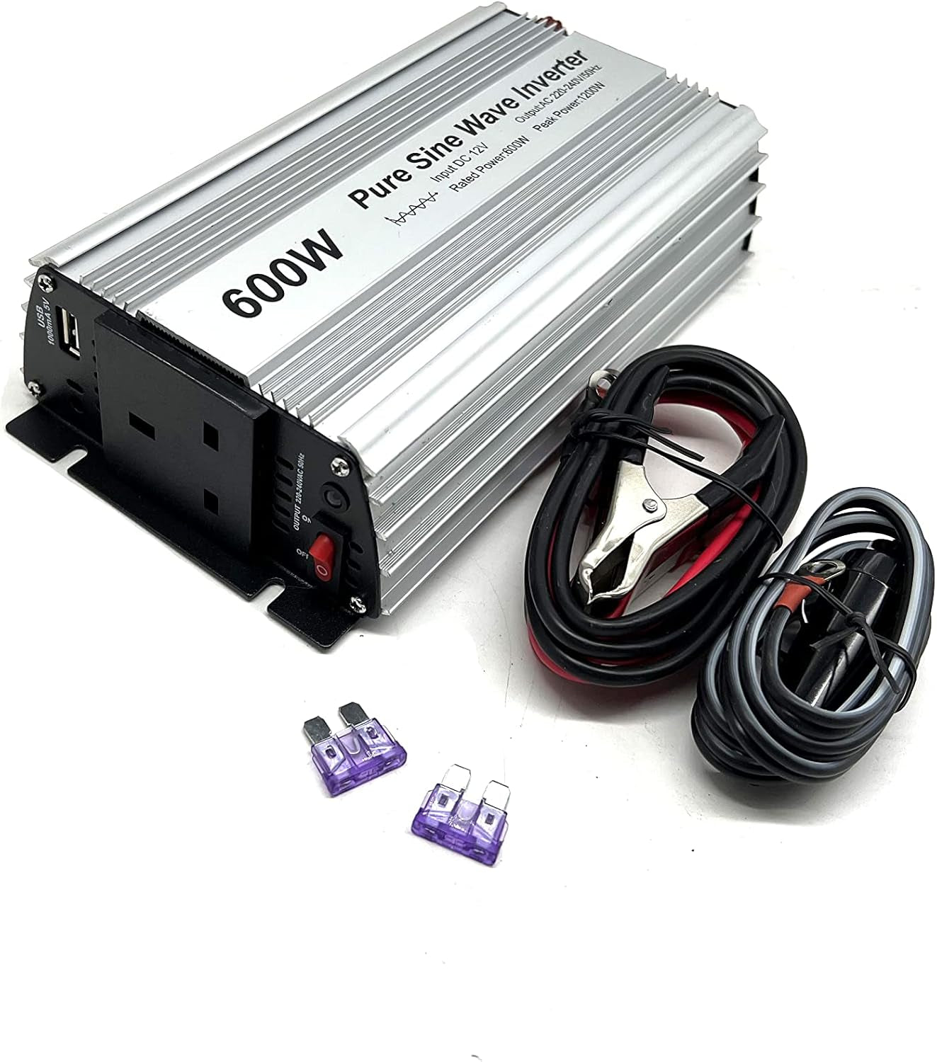 600W Pure Sine Wave Inverter 12V to 230V AC with BS Socket,Dc5V 2 Amp USB Output.