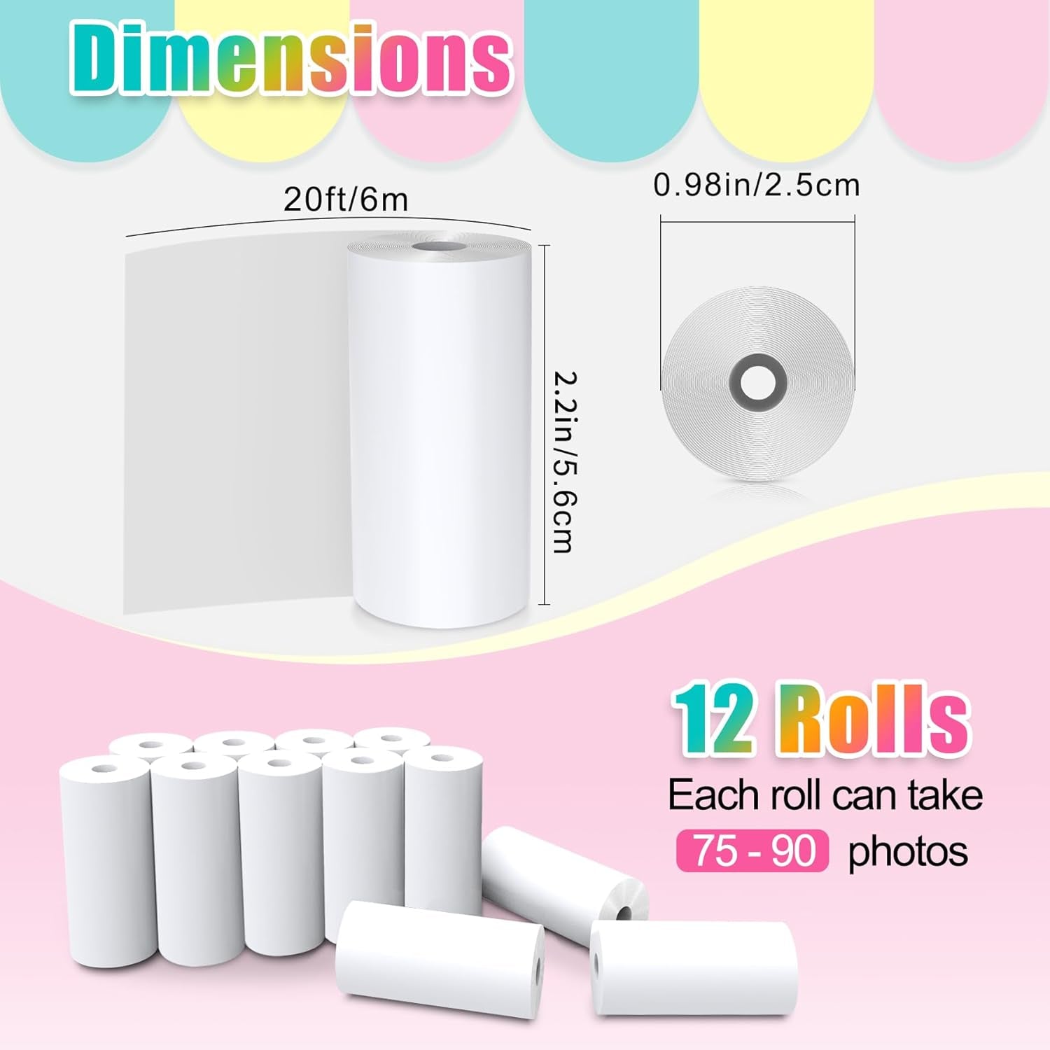 12 Rolls Kids Instant Print Camera Thermal Paper - Zero Ink Printing Paper Thermal Refill Paper Rolls for Most Kids Instant Digital Camera(White-12)