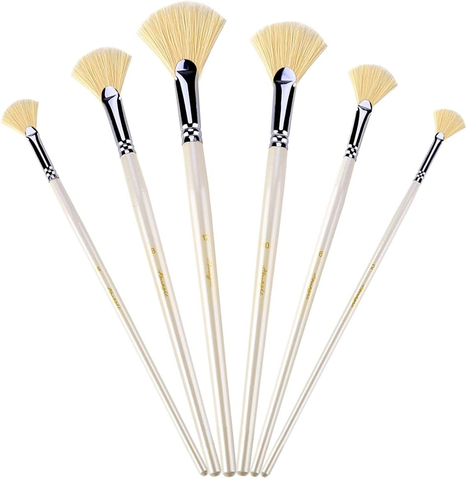 Fan Brushes -  Artist Soft Anti-Shedding Hog Bristle Paint Brush Set for Acrylic Watercolor Oil Painting (6 Pcs)
