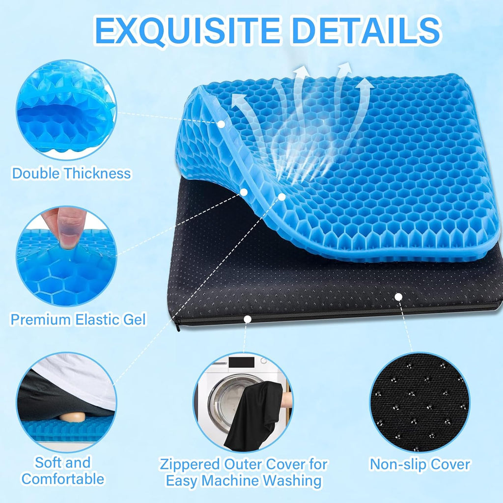 Large Gel Seat Cushion,Double Thick Soft Sitter Cushion,Honeycomb Design Seat Cushion with Relieving Back Coccyx Pain Pressure,Gel Orthopaedic Ergonomic Cushions for Car Office Home Wheelchair&Chair