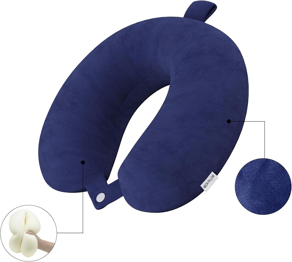 Travel Pillow Memory Foam Neck Pillow Lightweight Quick Pack for Airplane Train Car Travel Camping Neck Support Pillow (Navy Blue)