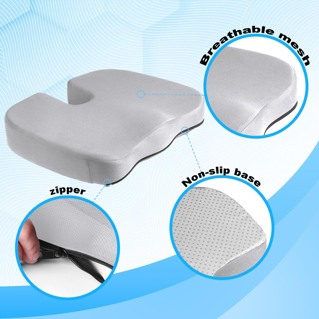 Seat Cushion for Office Chair, Memory Foam for Pain Relief, Non-Slip Coccyx Cushion Washable Removable Cover for Desk Chair/Car Seat/Gaming Chair/Wheelchair,Grey