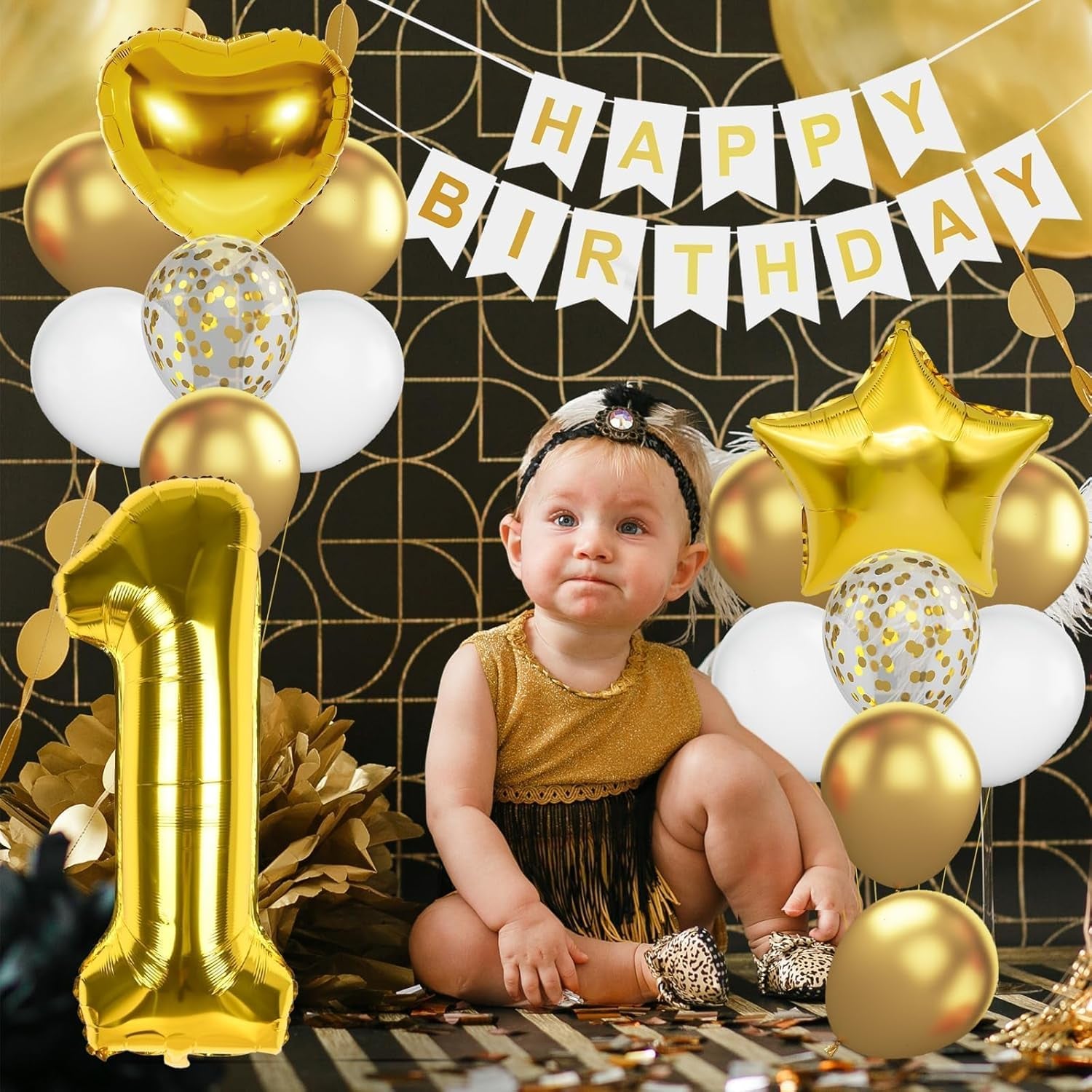 St Birthday Decoration for Boys, Gold White Confetti St Birthday Balloon with 40 Inch Number  Gold Balloon Star Heart Foil Balloons and Banner for Baby  Year Old Party Decor