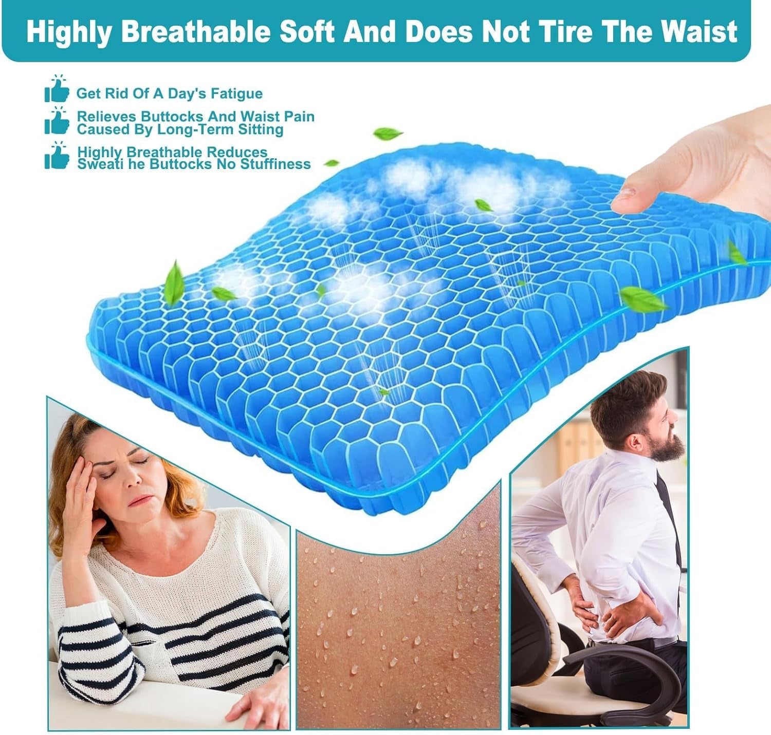 Gel Seat Cushion, Foldable Chair Cushions for Long Sitting, Breathable Cooling Summer Design Large Thick Ergonomic Support for Wheelchair Car Airplane and Office Use Accessories