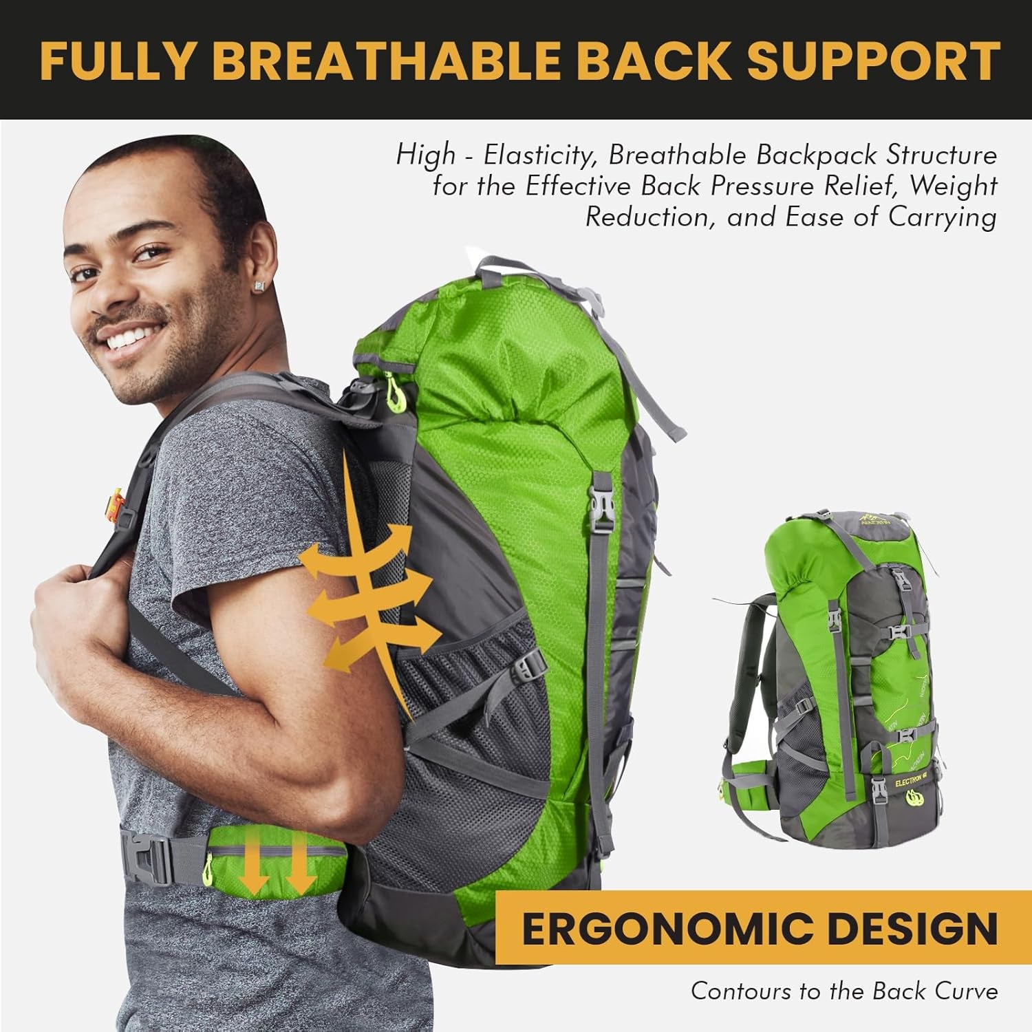 Hiking Backpack, 60L Lightweight Large Rucksack for Men Women, Tear and Water-Resistant for Climbing Fishing Travel