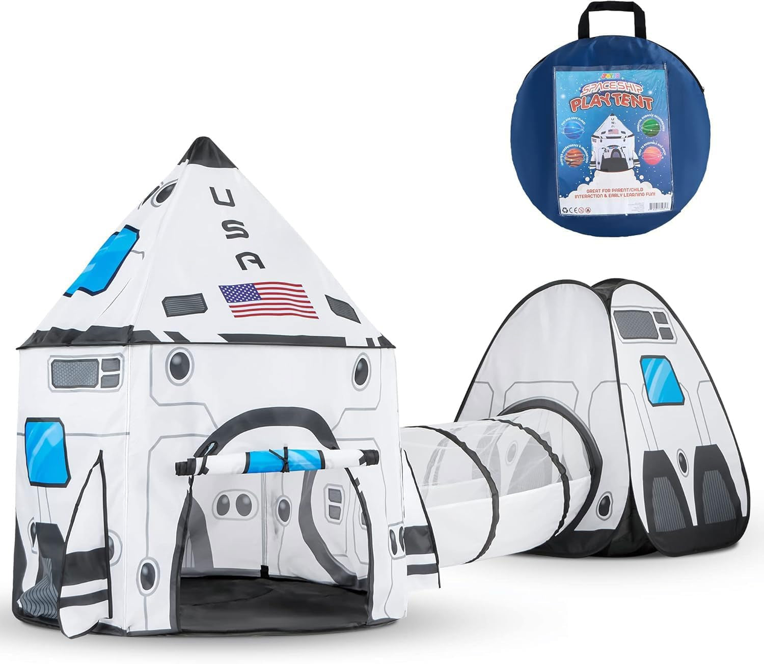 White Rocket Ship Pop up Play Tent with Tunnel and Playhouse Kids Indoor Outdoor Spaceship Tent Set