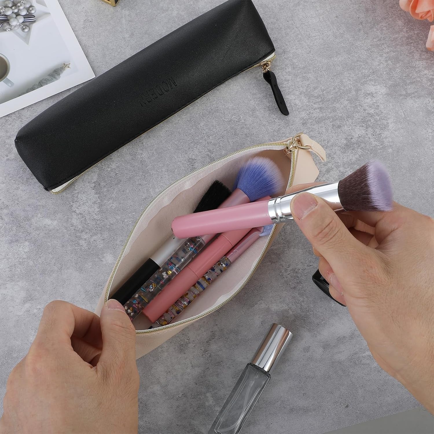 2 Pcs Portable Travel Cosmetic Bag Small Leather Makeup Pouch Slim Pencil Case Bag Waterproof Make up Bag with Zipper Mini Cosmetic Accessory Organizer for Women Girls