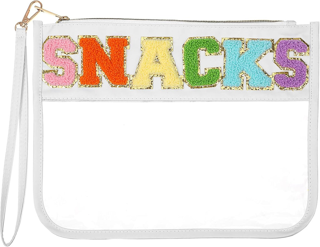 Chenille Letter Snack Bag Clear Makeup Bag Zipper Snack Pouch Waterproof Cosmetic Bag Toiletry Storage Bag Small Travel Bag for Women
