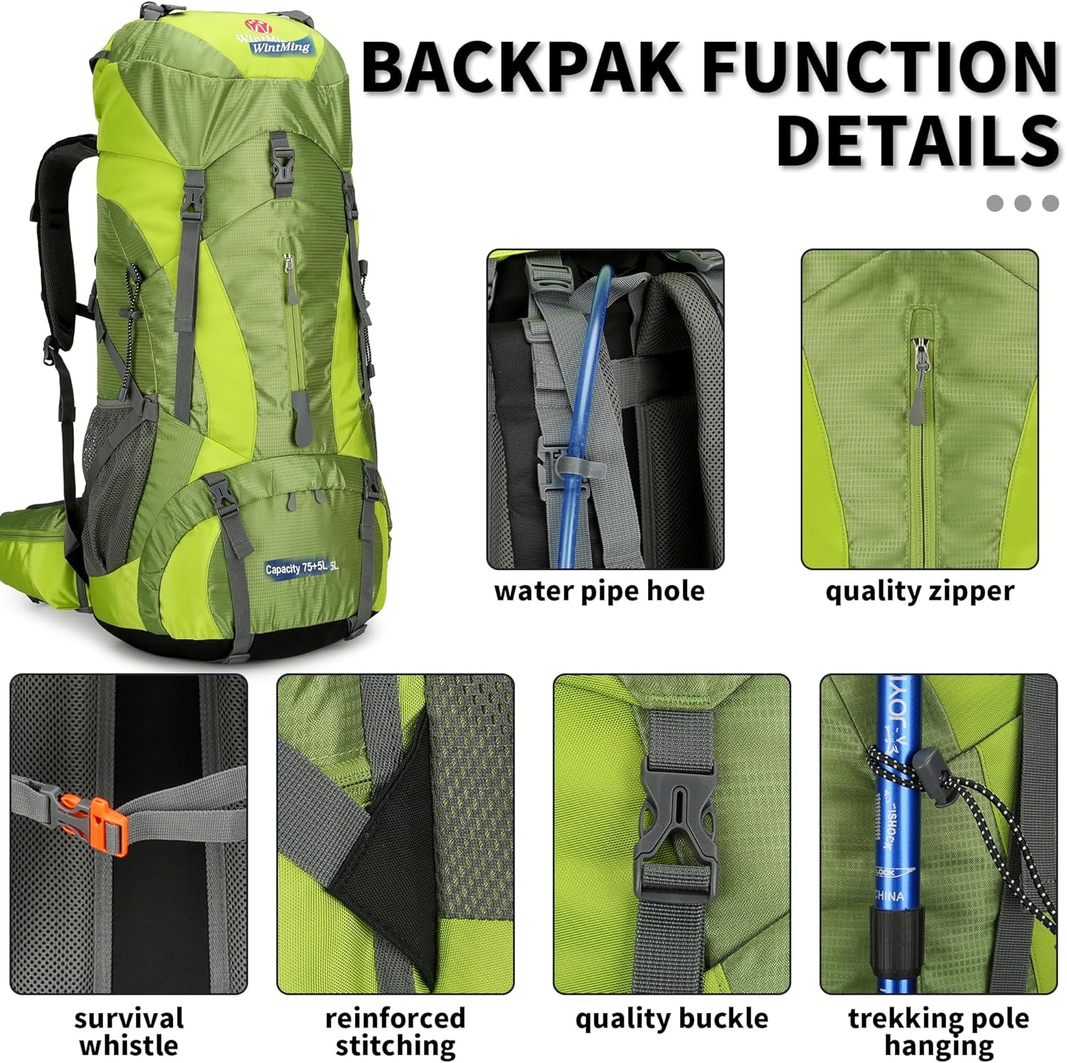 Hiking Backpack for Men and Women 70L+5L Waterproof Lightweight Camping Daypack with Rain Cover for Outdoor Travel Mountaineering - Frameless (Green)