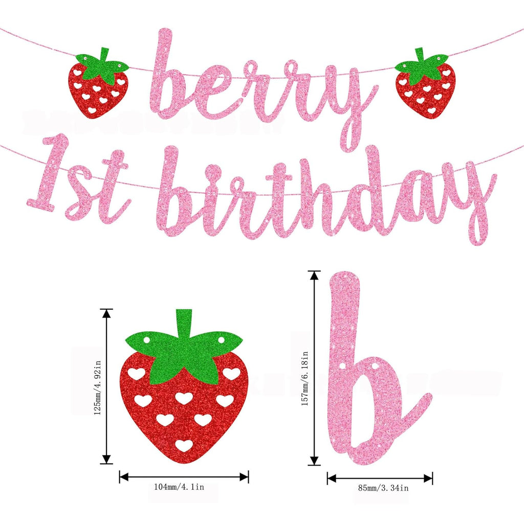 Glitter Berry 1St Birthday Banner Garland Strawberry Themed Decorations, Girls' First Birthday Decor Summer Fruit Theme Party Supplies