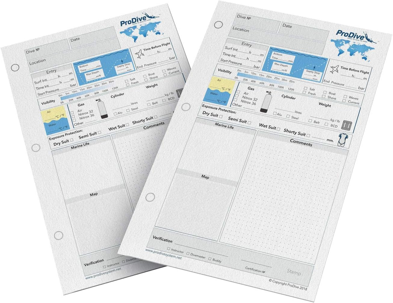 Scuba Diving Log Book Refill Pages for 50 Dives 3 Hole PADI Standard