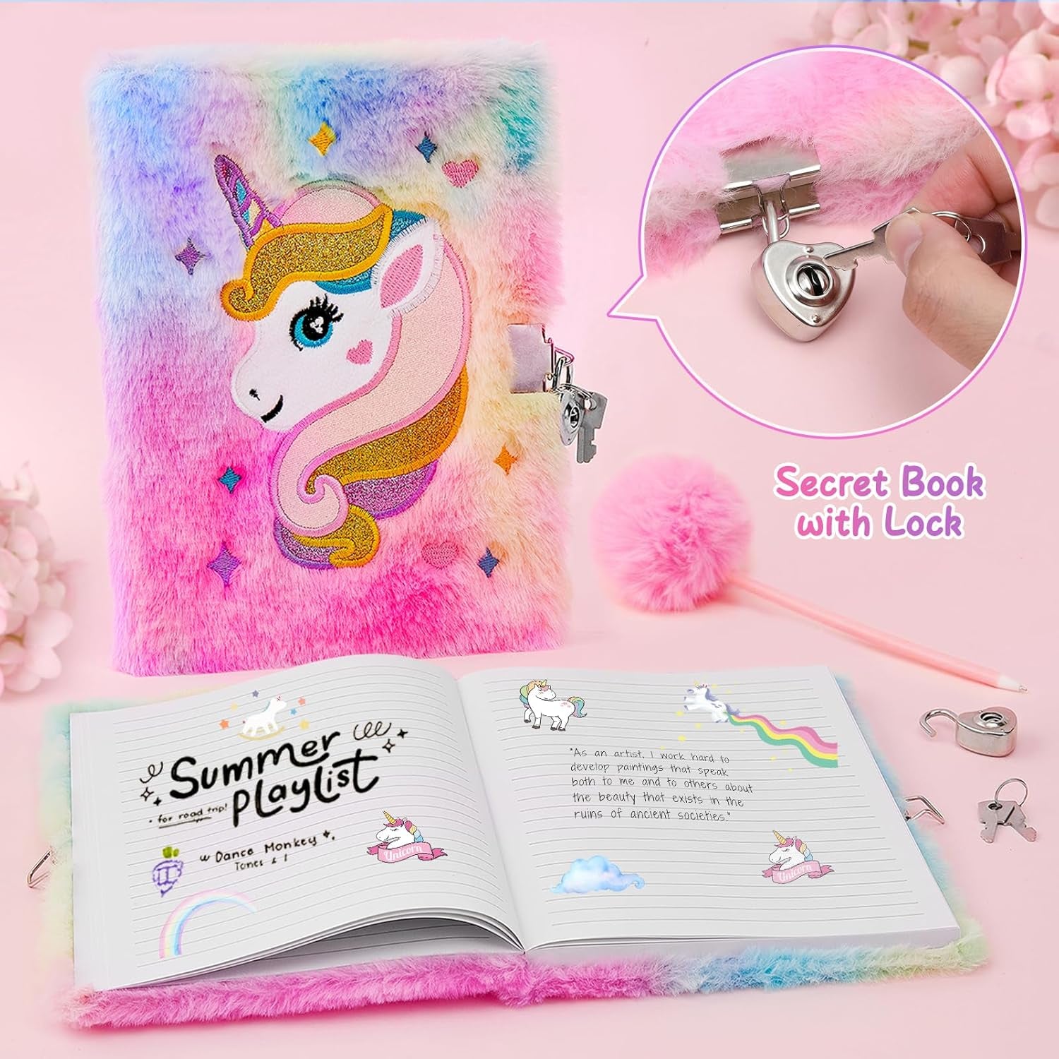 Unicorns Gifts for Girls Kids Toys 6 7 8 9 10 Years Old with Star Light up Pillow Stationery Plush Diary with Lock Headband Eye Mask Water Bottle Teen Girl Birthday Christmas Unicorn Toy