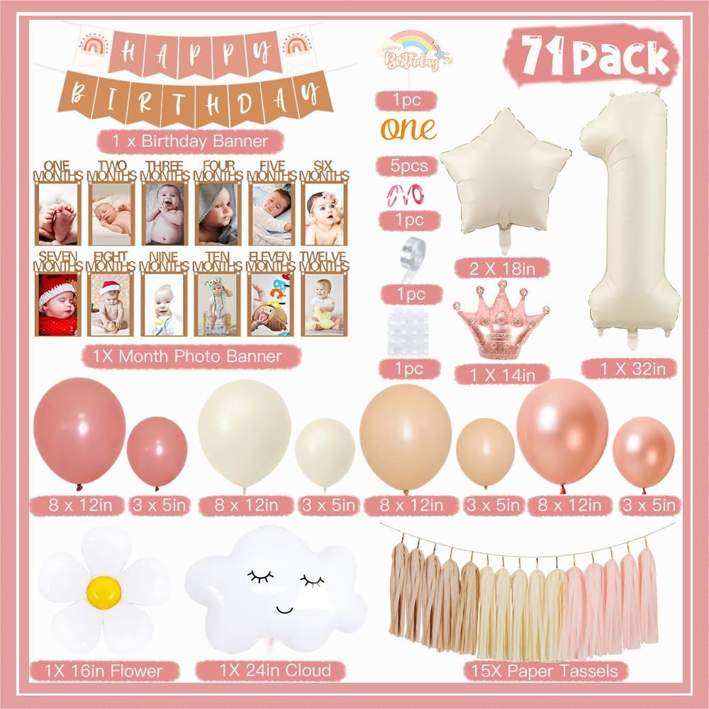 1St Birthday Decorations for Girls,First Birthday Decorations with Baby Month Photo Banner,Beige Number 1 Foil Balloon, First Birthday Cake Topper,Rainbow Happy Birthday Banner for Baby Shower