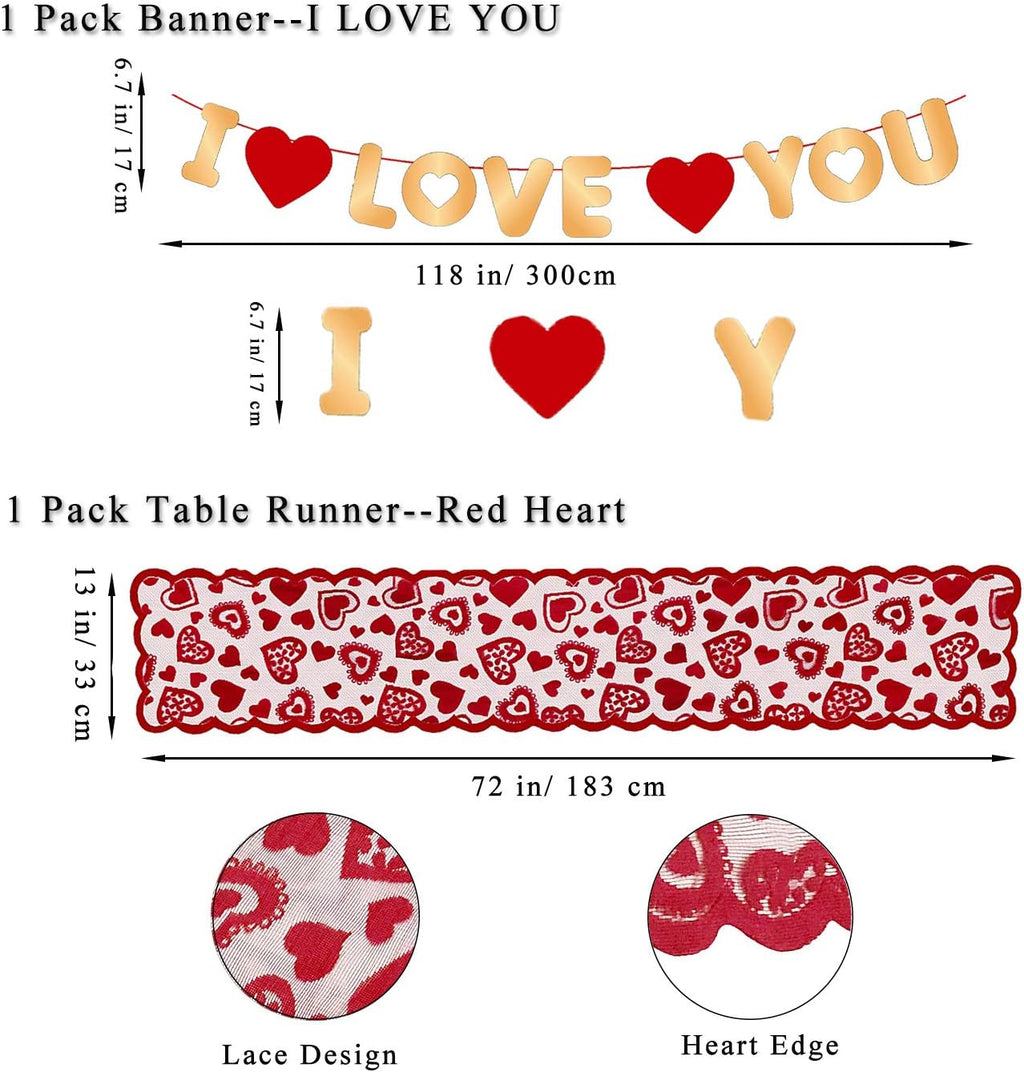 Valentines Day Decorations Kit 1000 Pcs Red Rose Petals 10 Pcs Heart Balloons 6 PCS Heart Garland I Love You Felt Garland Banner Table Runner for Valentines Day Decor Wedding Anniversary Engagement