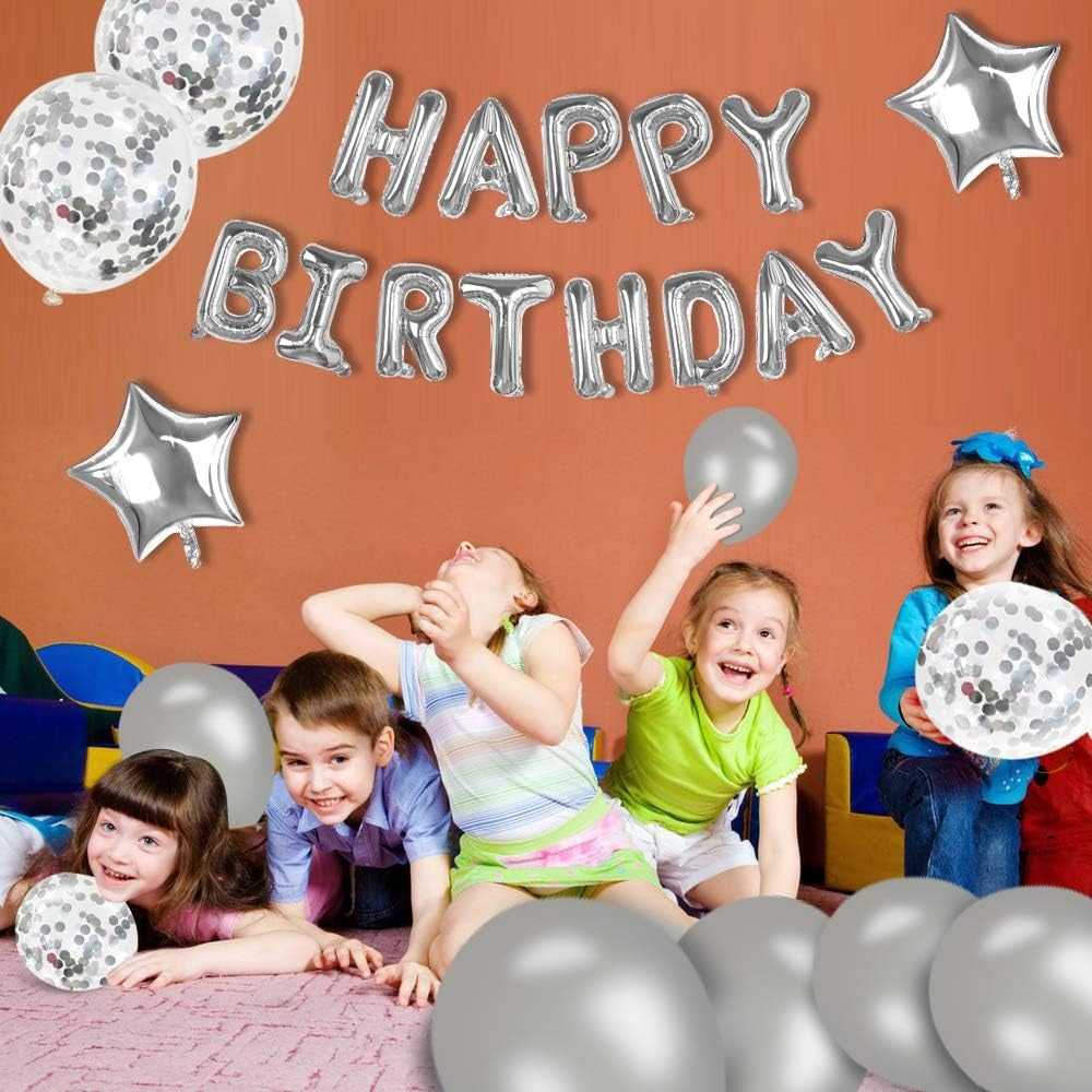 Happy Birthday Balloons, 16 Inch Happy Birthday Banner Party Decorations, Self Inflating Letter Silver Balloons for Adults Kids Party Decor