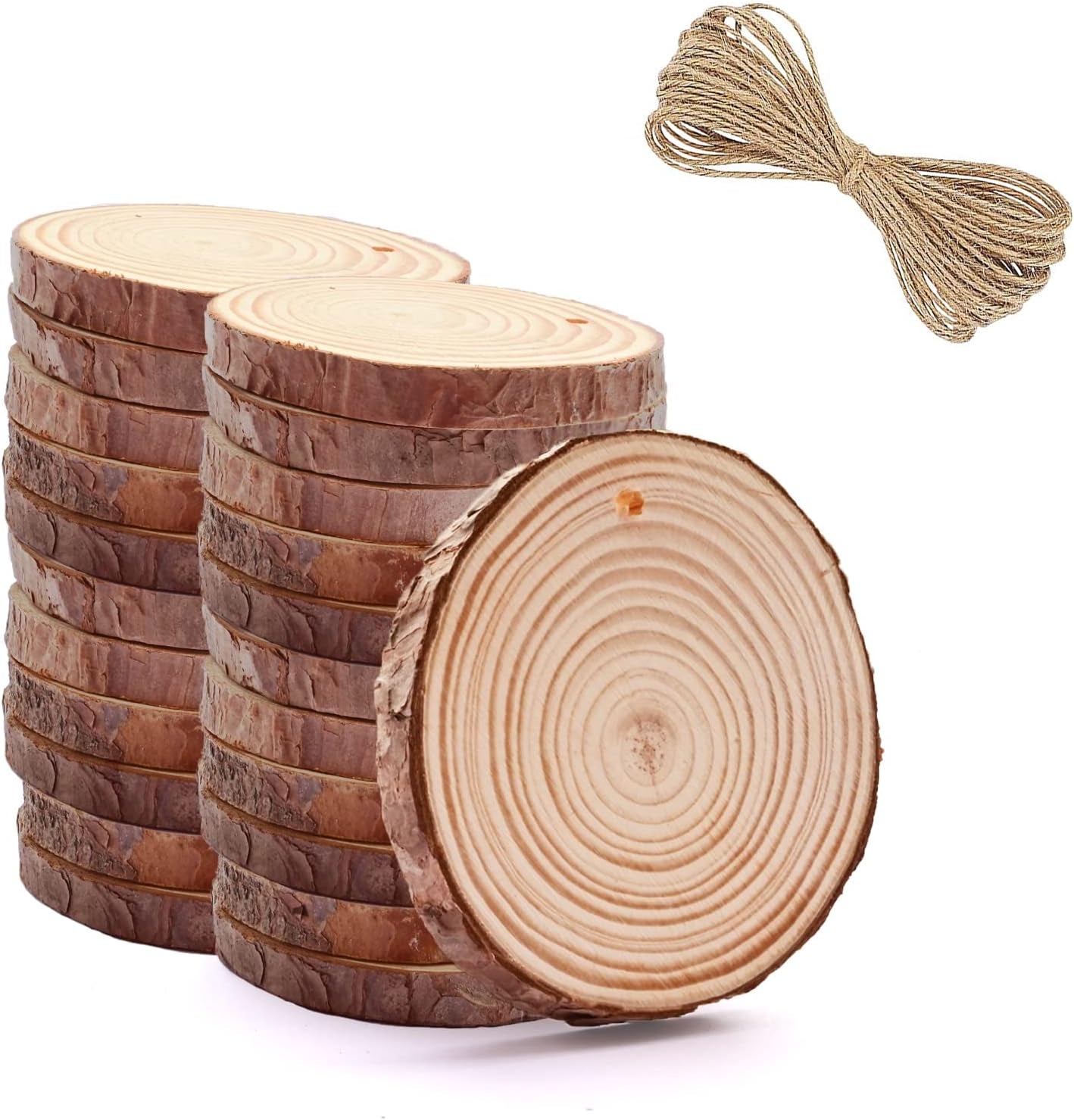 25Pcs Wood Slices for Crafts, Small Unfinished Wooden Circles with Hole and String for DIY Crafting Christmas Ornaments Decor (6-8Cm X25)