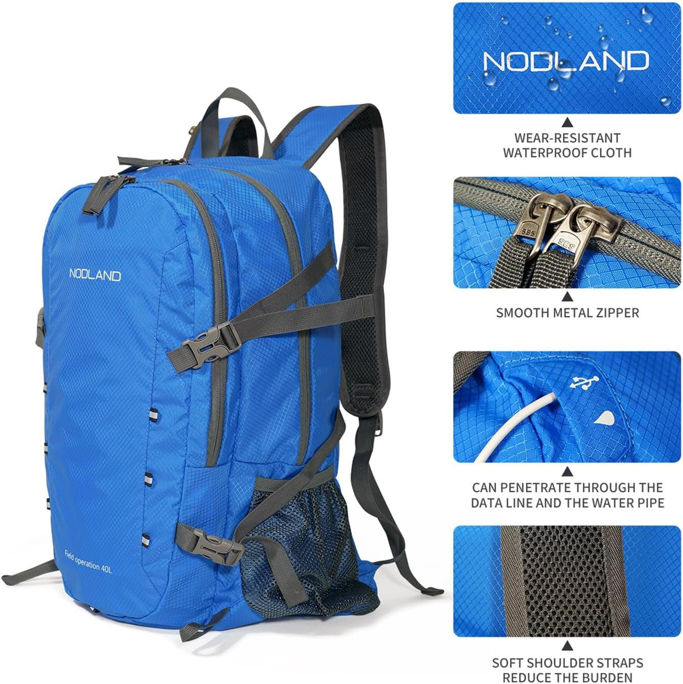 NODLAND Lightweight Backpack, Travel 40L Foldable Water-Resistant Daypack, Hiking Outdoor Camping Rucksack for Men Women