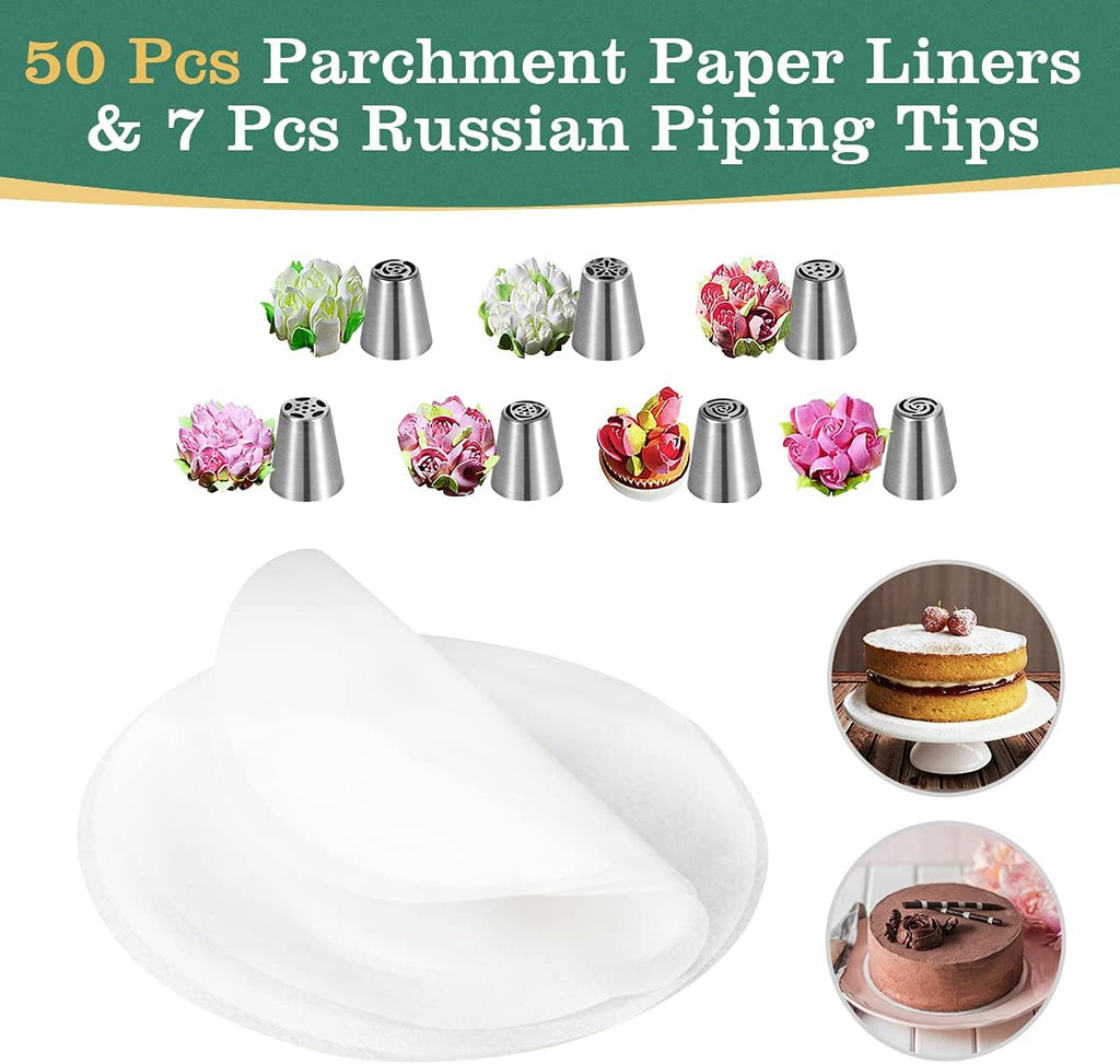 Stainless Steel Cake Pan Set - 3 Sizes 4" 7" 9" Leakproof round Cheesecake Pan with Removable Bottom, 50 Pcs Parchment Paper Liners and 7 Pcs Russian Piping Tips