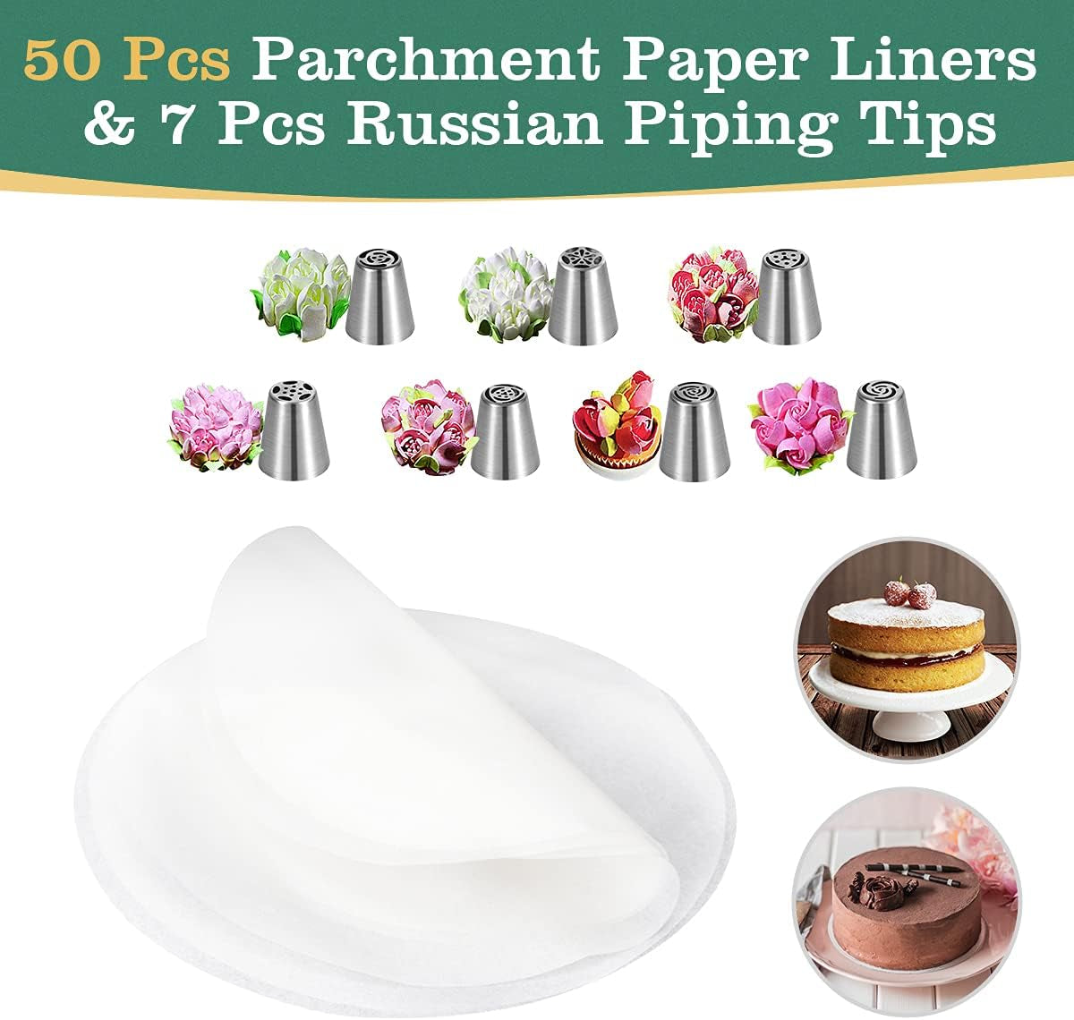Stainless Steel Cake Pan Set - 3 Sizes 4" 7" 9" Leakproof round Cheesecake Pan with Removable Bottom, 50 Pcs Parchment Paper Liners and 7 Pcs Russian Piping Tips