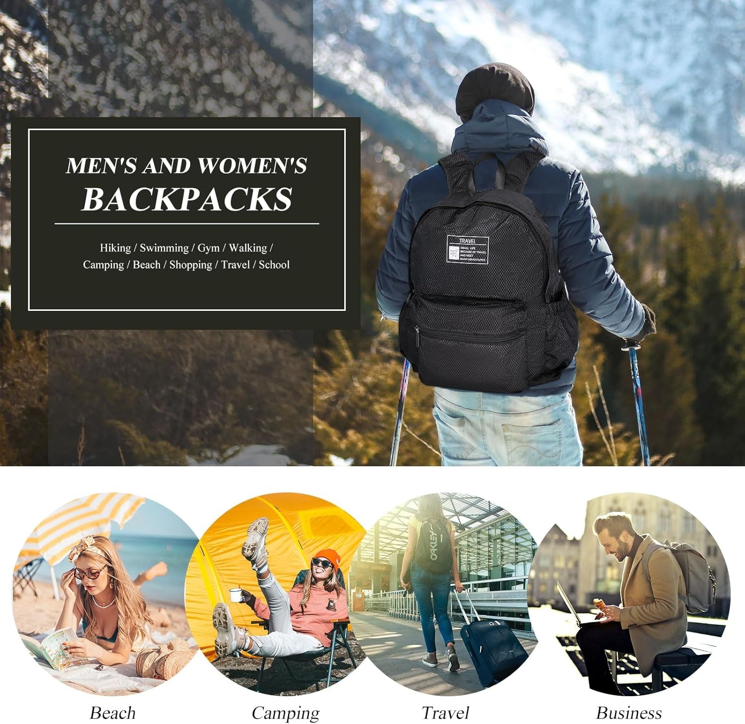 15L Packable Lightweight Backpack for Women Men Water Resistant Foldable Hiking Travel Camping Daypack (Black)