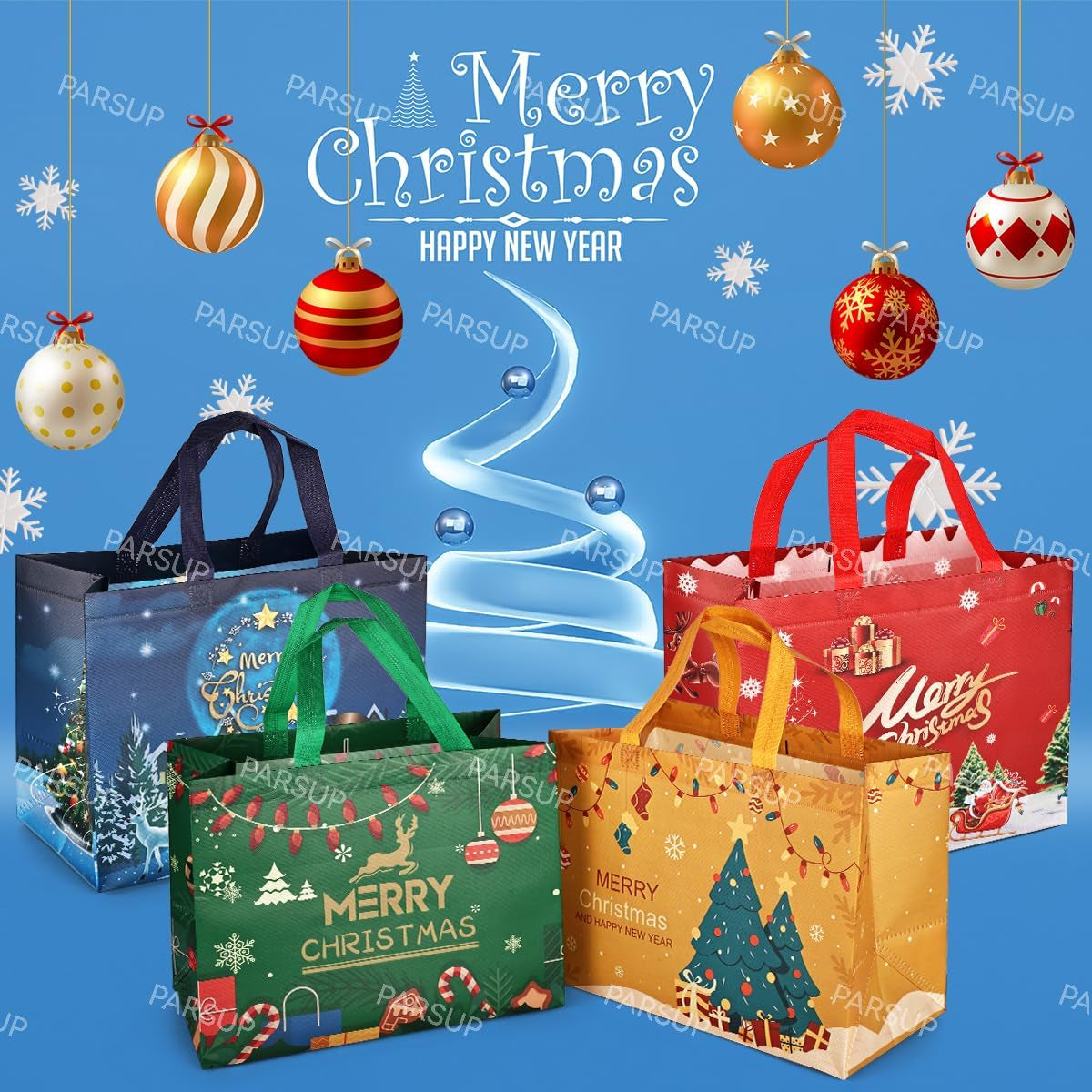 4PCS Christmas Gift Bags,Christmas Tote Bags with Handles, 2023 Christmas Treat Bags, Multifunctional Non-Woven Christmas Bags for Gifts Wrapping Shopping, Xmas Party Supplies, 32.5×25×17Cm