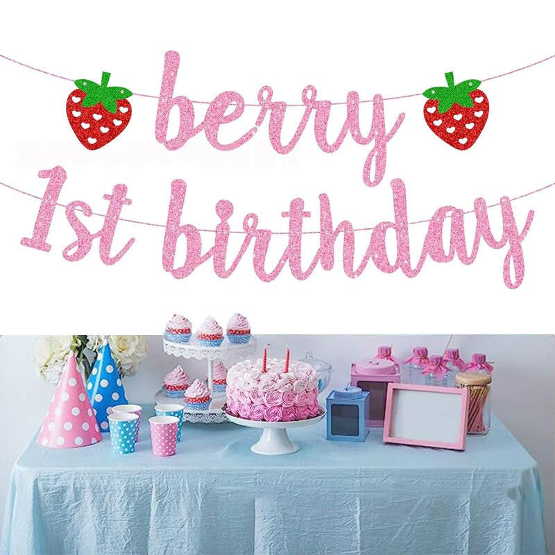 Glitter Berry 1St Birthday Banner Garland Strawberry Themed Decorations, Girls' First Birthday Decor Summer Fruit Theme Party Supplies