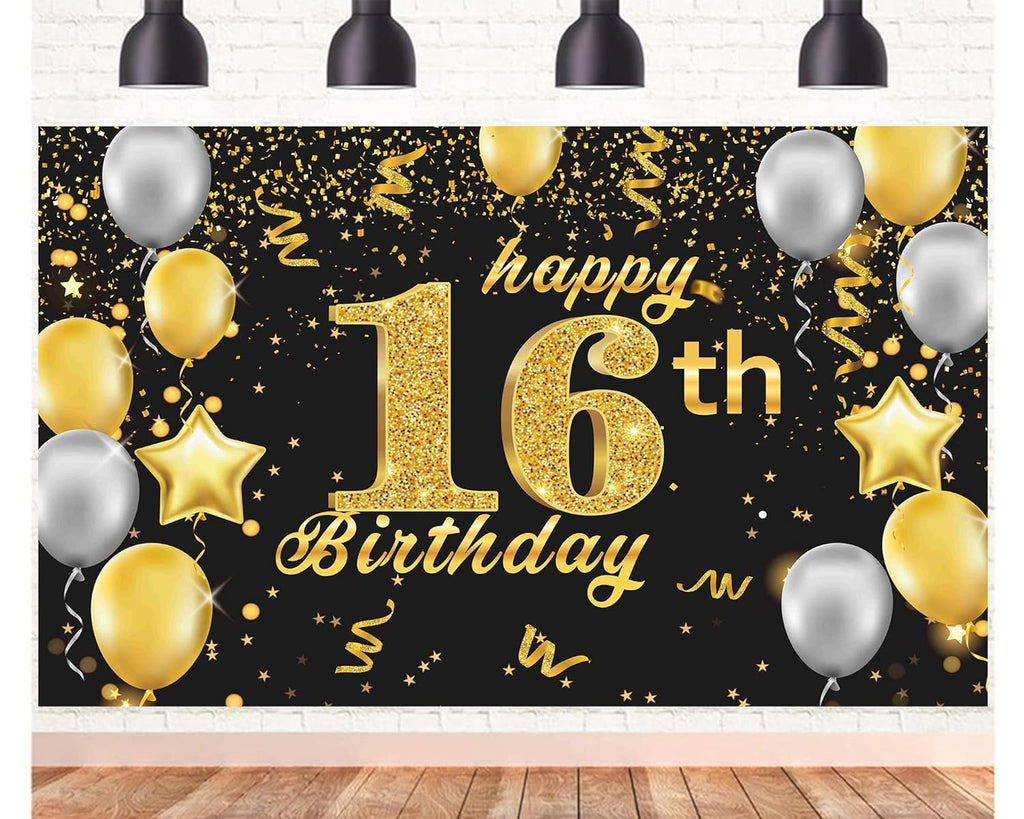 Happy 16Th Birthday Banner,16Th Birthday Decorations Black Gold,Party Backdrop Banner Fabric Banner.For Men Women 16Thbirthday Photo Backdrop,Photography Background,Outdoor Garden Table Wall Decor
