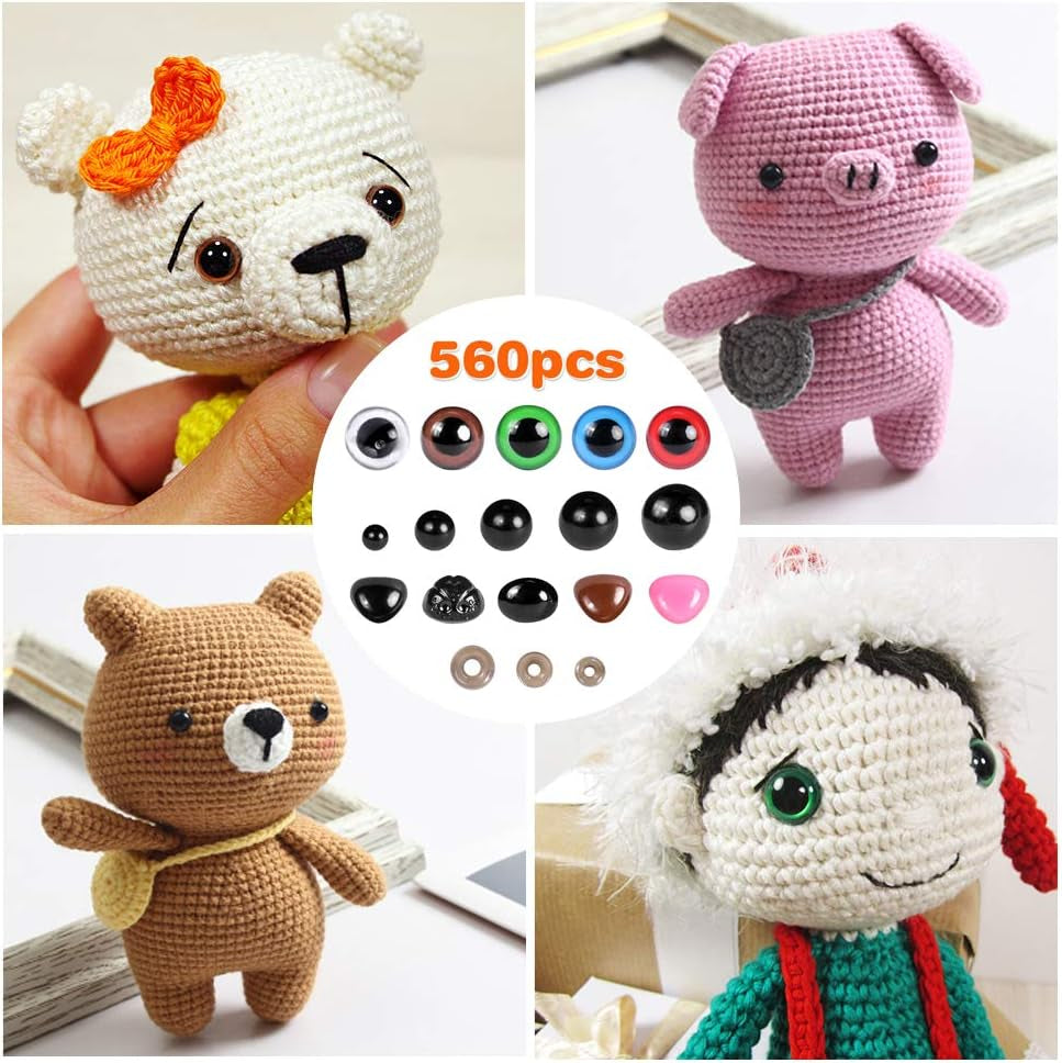 Safety Eyes and Noses, 560PCS Included Colourful Craft Doll Eyes 170Pcs (6-14Mm) Safety Nose in Various Size 110Pcs Washers 280Pcs, Animal Safety Eyes for Toys Making Knitted Plush…