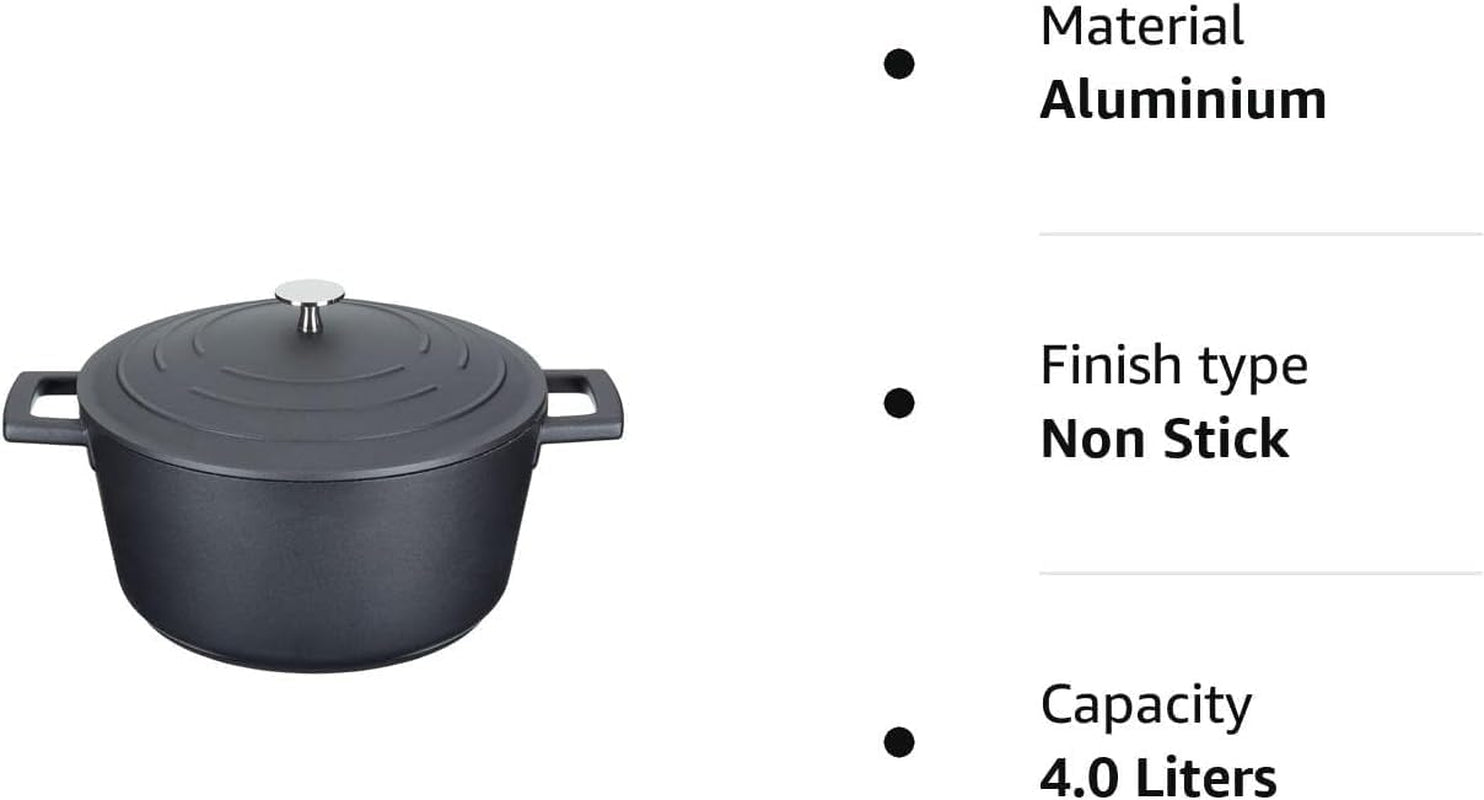 Casserole Dish with Lid, Medium 4L/24 Cm, Lightweight Cast Aluminium, Induction Hob and Oven Safe, Black