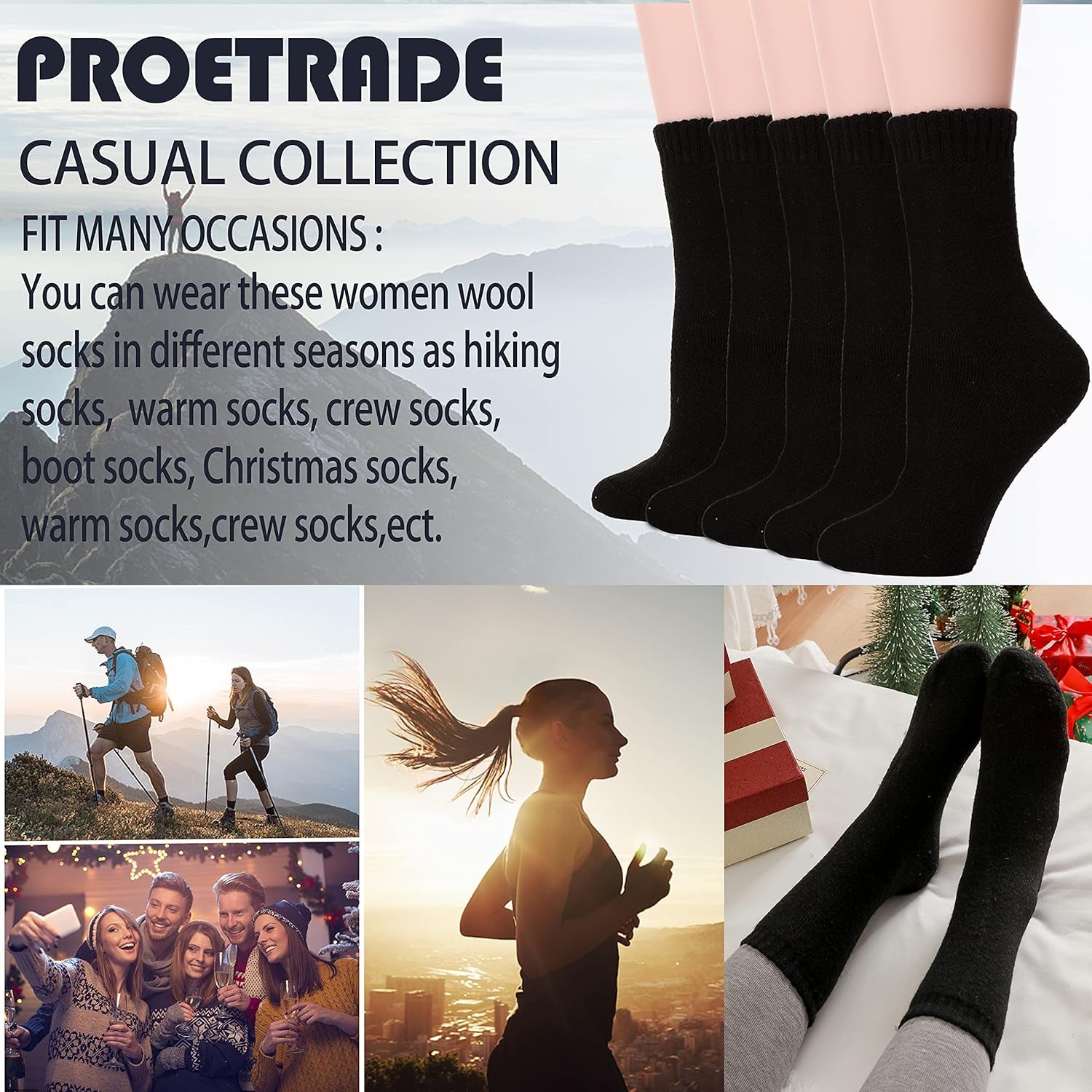 Merino Wool Thermal Socks for Womens Walking Winter Warm Thick Cosy Boot Crew Comfy Ladies Hiking Work Socks 5 Pack