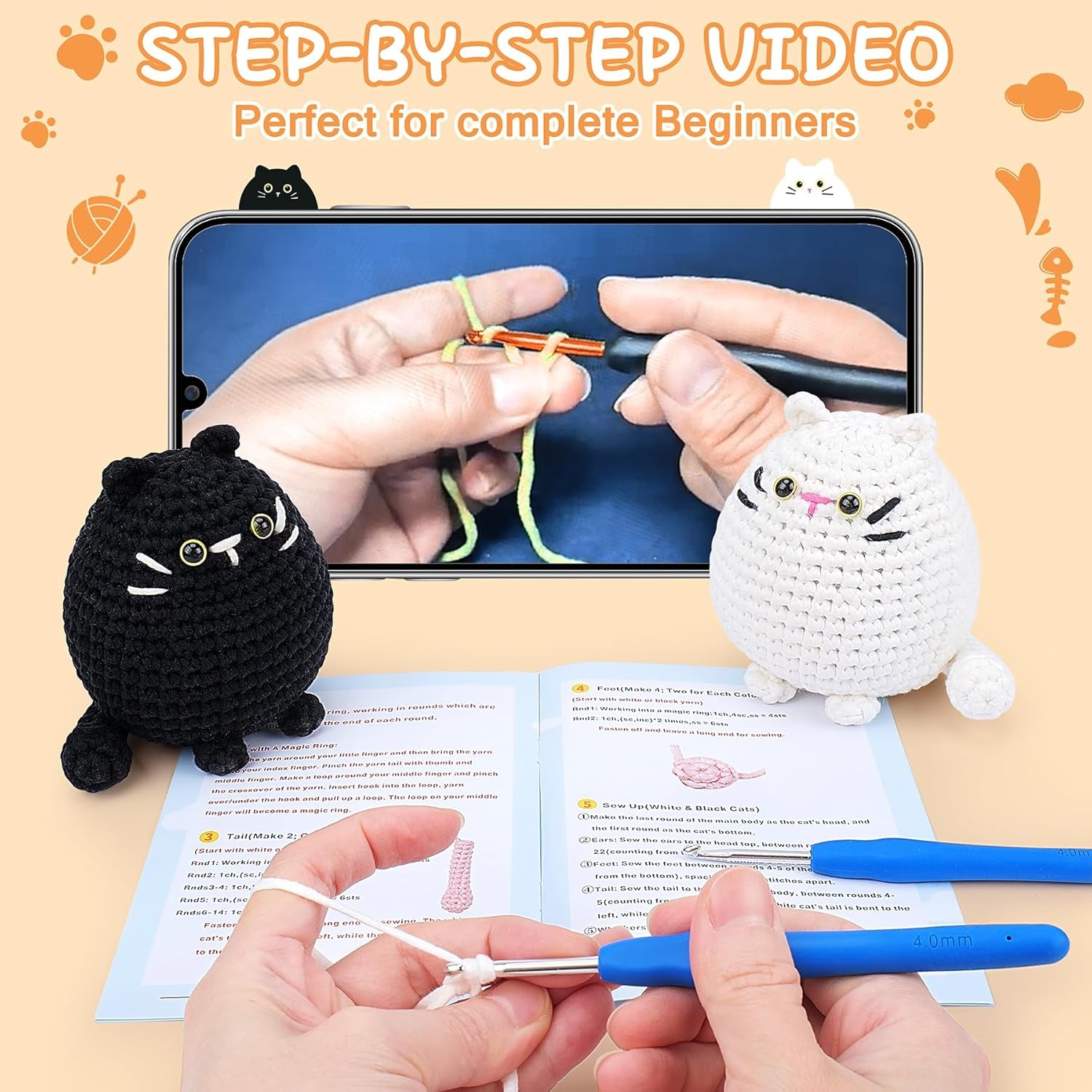 Crochet Kit for Beginners Animal Cat Crochet Kit for Adults Kids, Knitting Kits Complete Crochet Set with Step-By-Step Video Tutorials, 2Pcs Cat Crochet Animal Kit Surprise Gift