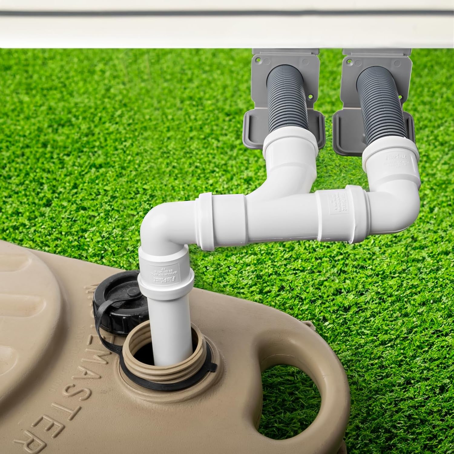 New Model Caravan (Twin) Waste Water Outlet Pipe System Adaptor with FLOPLAST Home Plumbing Grade Fittings CE Standard Tested to EN 1451. Fits Most Standard Caravans.