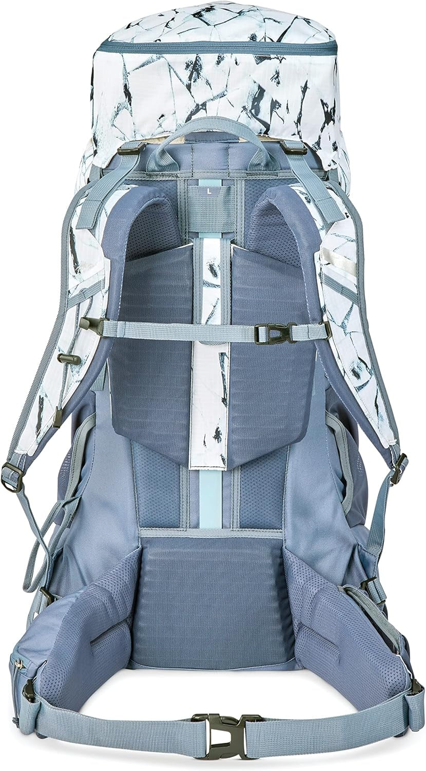 Pathway 2.0 Backpack with Hydration Storage Sleeve, for Hiking, Biking, Camping, Traveling, White Cracked Ice/Grey Blue, 60L