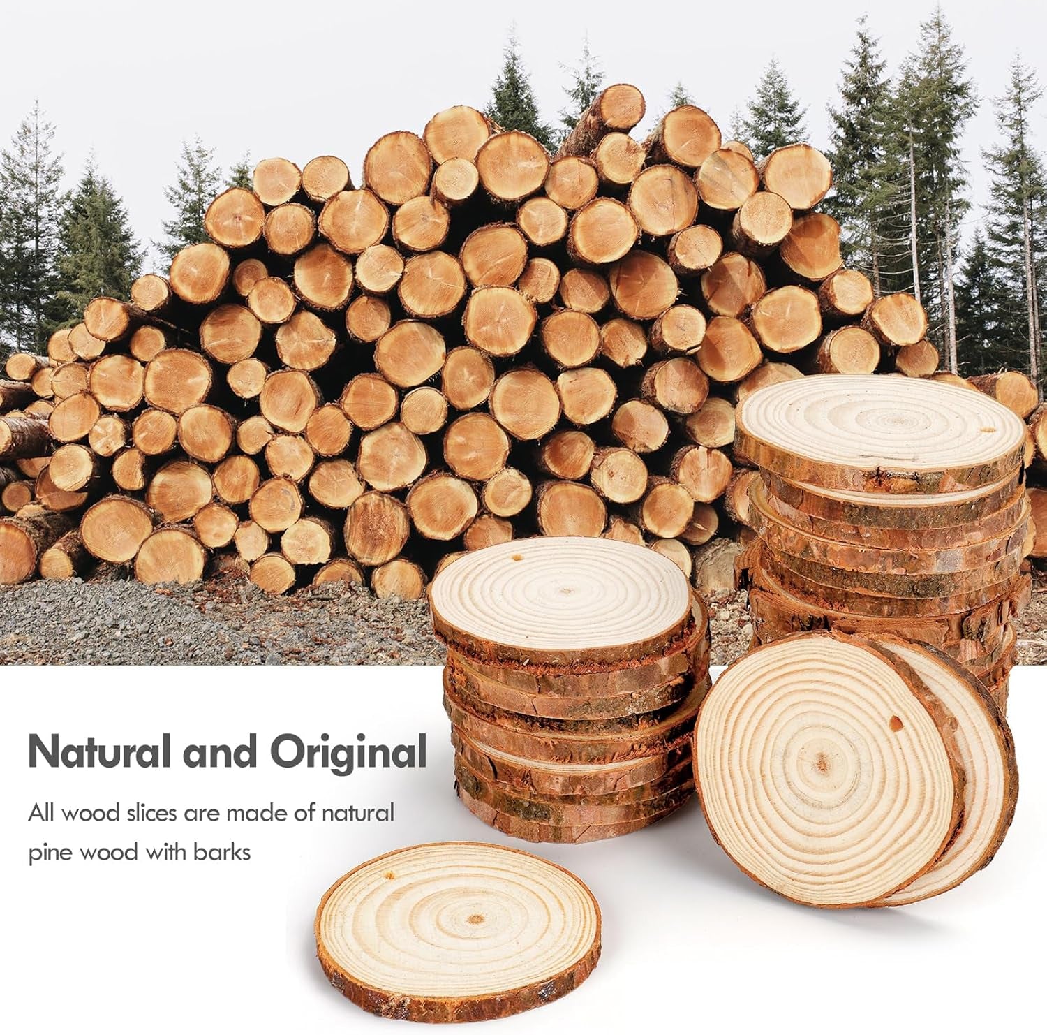 Natural Wood Slices, 54 Pcs 6-7Cm Unfinished Wooden Coasters, Predrilled Log Discs Wooden Log Slices, with 3 Ropes for Arts DIY Crafts, Christmas Decorations or Wedding Favours