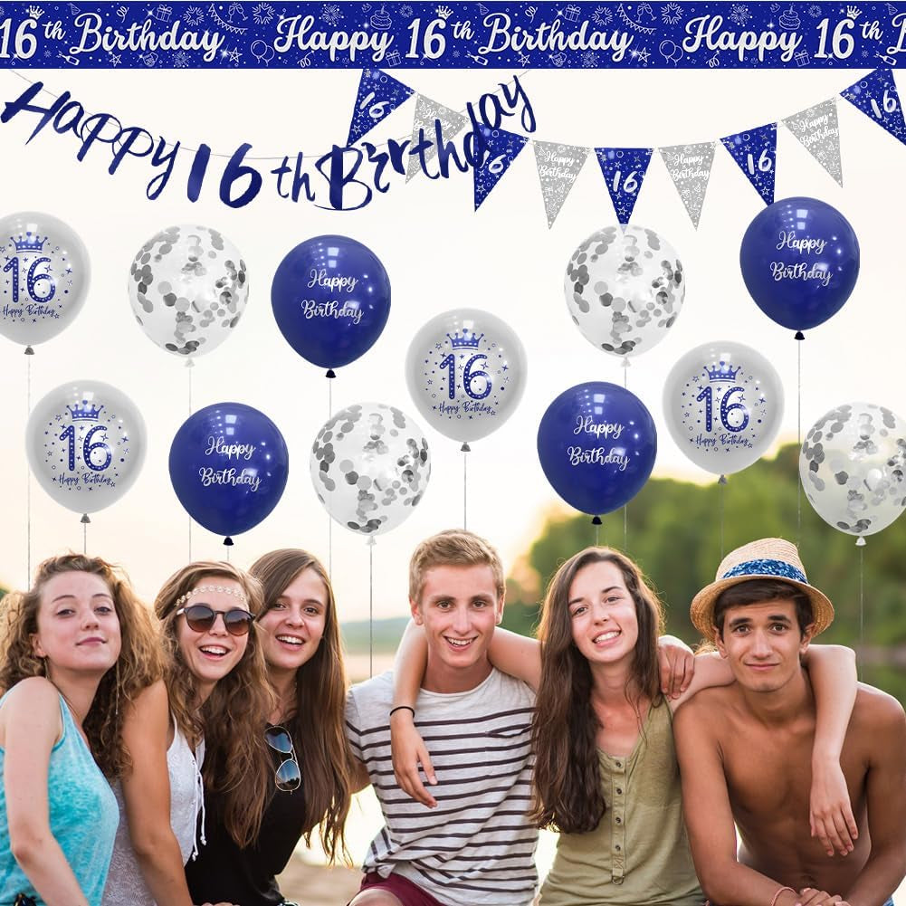 Boys 16Th Birthday Decorations Blue Silver 16Th Birthday Party Decorations 16 Pack Navy Silver Boy Happy 16Th Birthday Banner Bunting Kit by