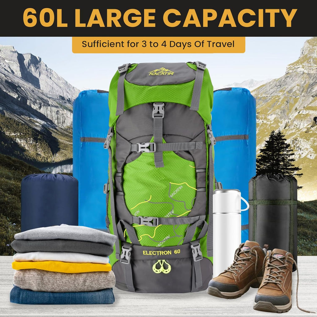 Hiking Backpack, 60L Lightweight Large Rucksack for Men Women, Tear and Water-Resistant for Climbing Fishing Travel