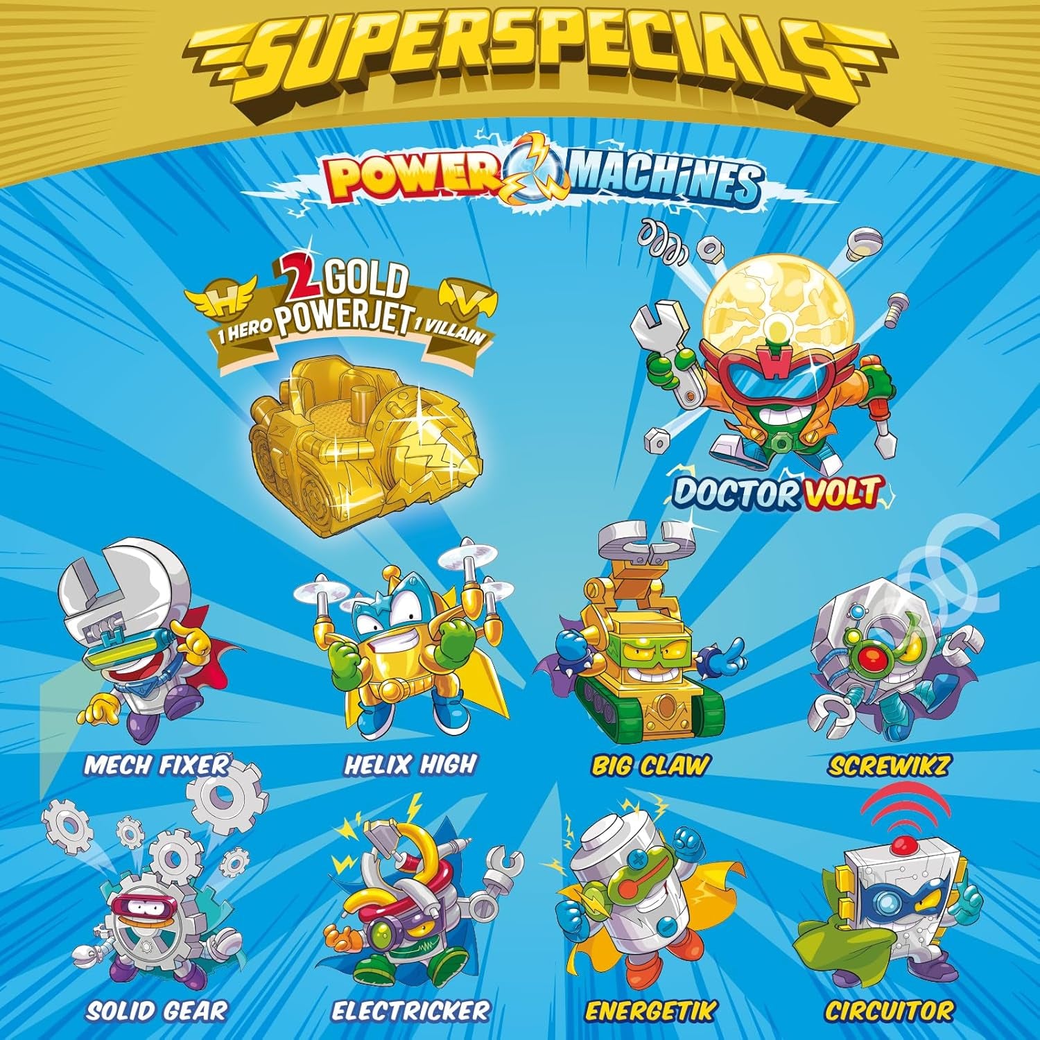 SUPERTHINGS Gold Tin Power Machine Series – Contains All the Special Figures from Power Machine Series. Includes the Ultra-Rare (Doctor Volt), 2 Gold Leaders, 6 Silver Captains and 2 Gold Powerjet