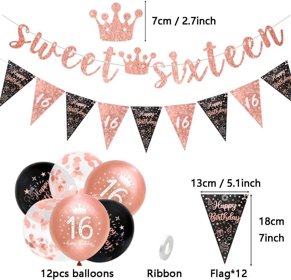 16Th Birthday Girls Decorations - Black Rose Gold Happy 16Th Banner & Bunting Kit